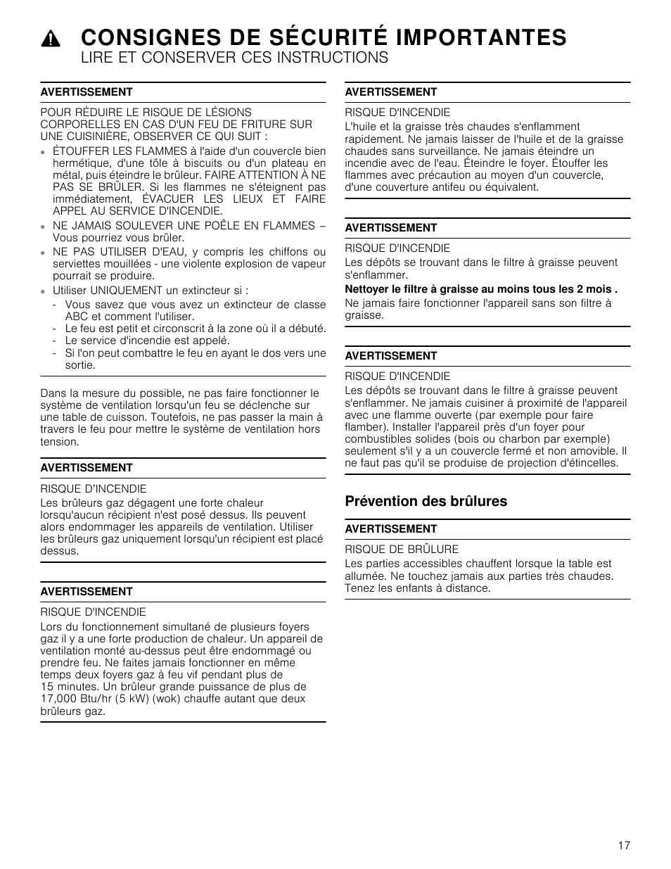 Avertissement, Risque d’incendie, Risque d'incendie | Prévention des brûlures, Risque de brûlure, Consignes de sécurité importantes, Lire et conserver ces instructions | Bosch HCP30651UC User Manual | Page 17 / 40