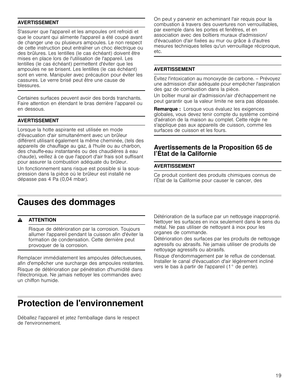 Avertissement, Remarque, Causes des dommages | 9 attention, Protection de l'environnement, Californie, Vironnement | Bosch HCP30651UC User Manual | Page 19 / 40