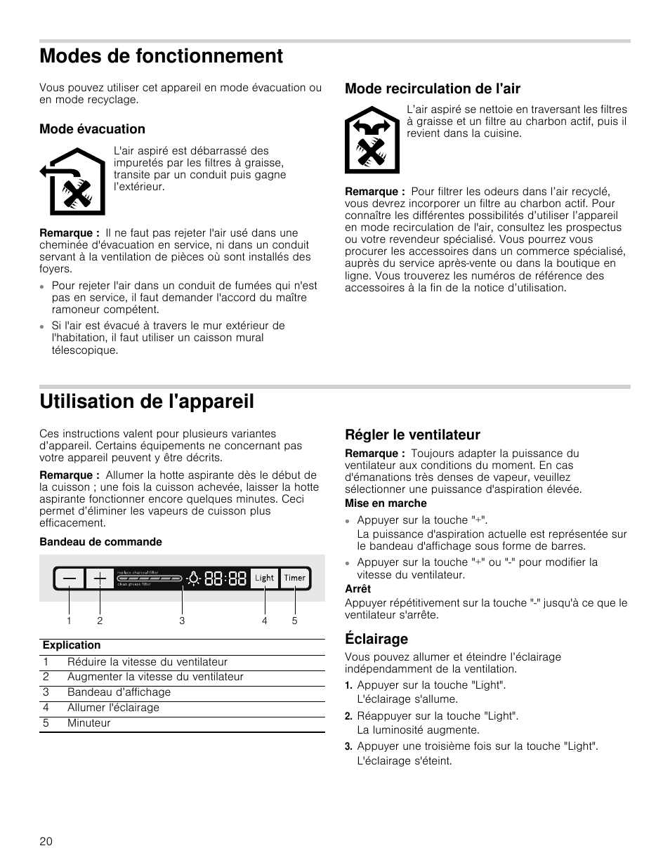 Modes de fonctionnement, Mode évacuation, Remarque | Mode recirculation de l'air, Utilisation de l'appareil, Bandeau de commande, Régler le ventilateur, Éclairage, Appuyer sur la touche 