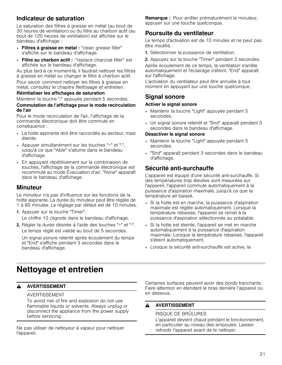 Indicateur de saturation, Minuteur, Appuyer sur la touche "timer | Remarque, Poursuite du ventilateur, Sélectionner la puissance de ventilation, Appuyez sur la touche "timer" pendant 3 secondes, Signal sonore, Sécurité anti-surchauffe, Nettoyage et entretien | Bosch HCP30651UC User Manual | Page 21 / 40