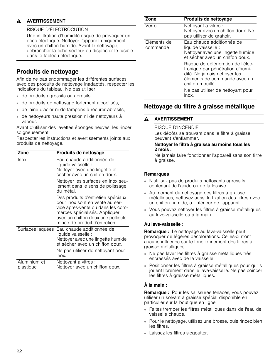 9 avertissement, Risque d’électrocution, Produits de nettoyage | Nettoyage du filtre à graisse métallique, Risque d'incendie, Remarques, Au lave-vaisselle, Remarque, À la main | Bosch HCP30651UC User Manual | Page 22 / 40