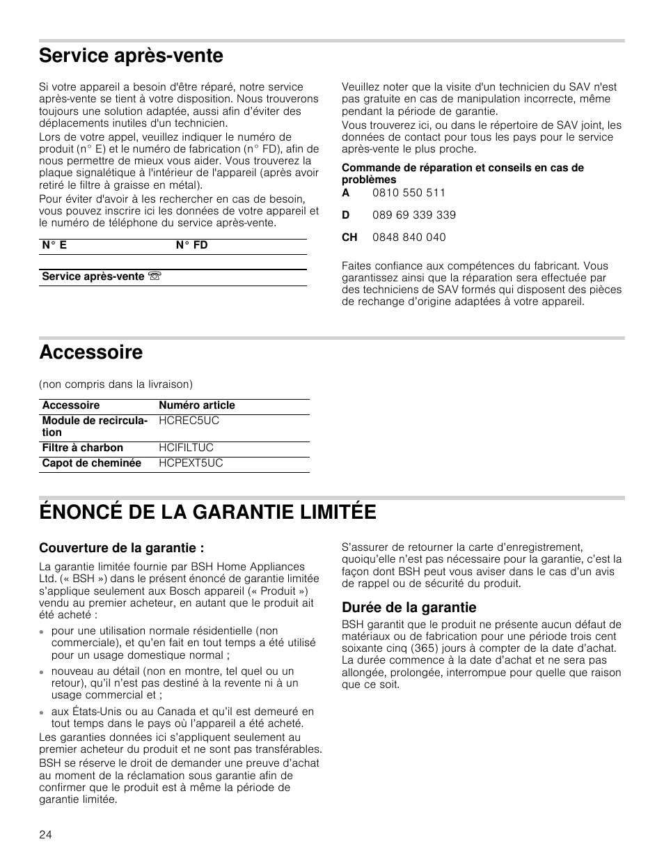 Service après-vente, Accessoire, Énoncé de la garantie limitée | Couverture de la garantie, Durée de la garantie, Ente, Ccessoire | Bosch HCP30651UC User Manual | Page 24 / 40