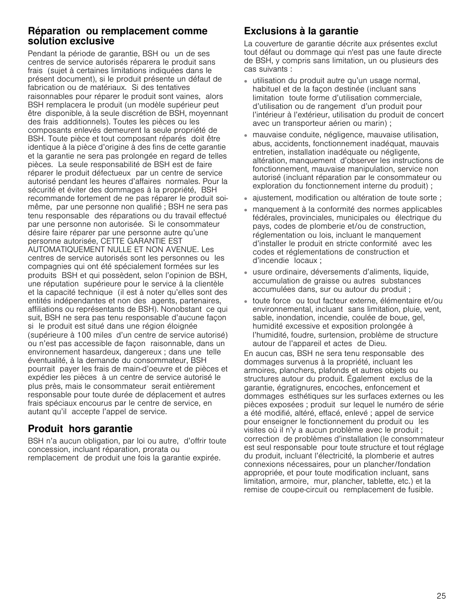 Produit hors garantie, Exclusions à la garantie | Bosch HCP30651UC User Manual | Page 25 / 40