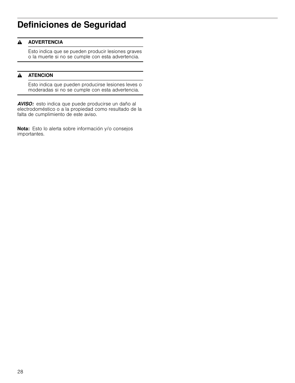 Definiciones de seguridad, 9 advertencia, 9 atencion | Aviso, Nota, Idad | Bosch HCP30651UC User Manual | Page 28 / 40