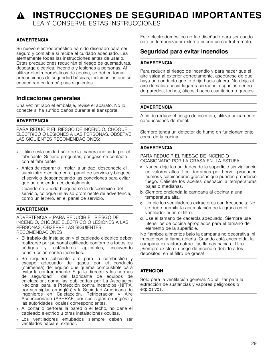 Instrucciones de seguridad importantes, Lea y conserve estas instrucciones, Advertencia | Indicaciones generales, Seguridad para evitar incendios, Atencion | Bosch HCP30651UC User Manual | Page 29 / 40