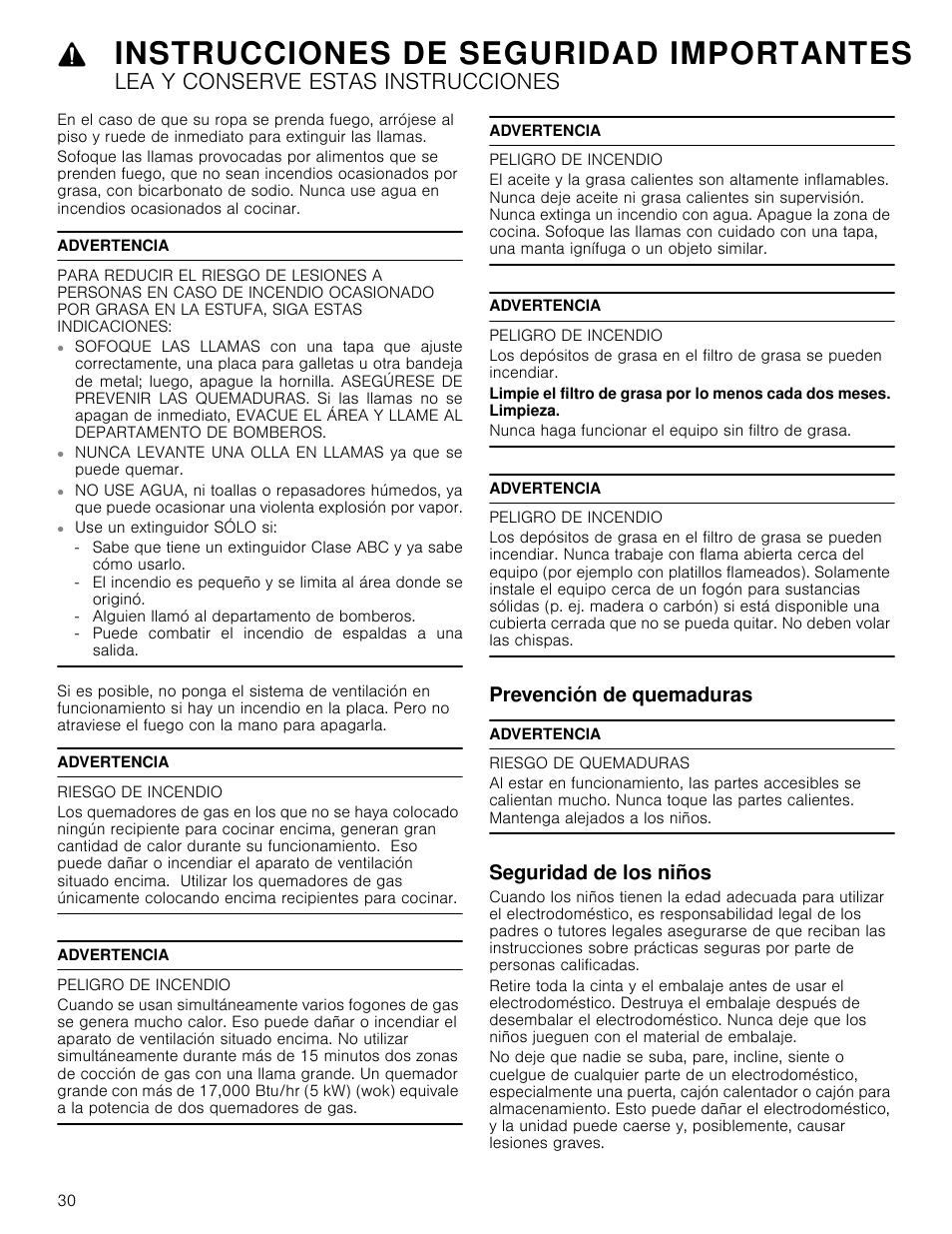 Advertencia, Riesgo de incendio, Peligro de incendio | Prevención de quemaduras, Riesgo de quemaduras, Seguridad de los niños, Prevención de quemaduras seguridad de los niños, Instrucciones de seguridad importantes, Lea y conserve estas instrucciones | Bosch HCP30651UC User Manual | Page 30 / 40