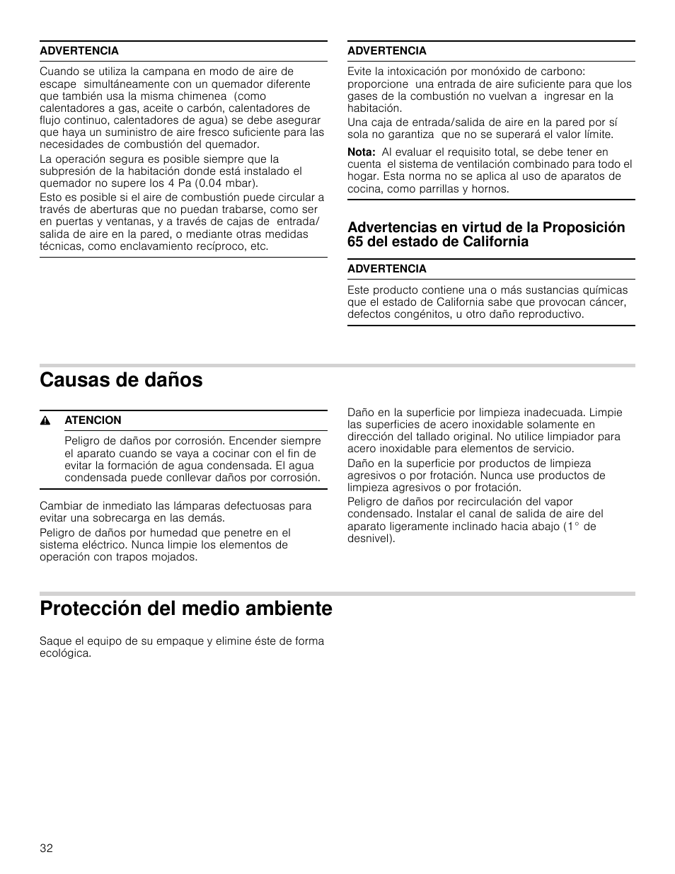 Advertencia, Nota, Causas de daños | 9 atencion, Protección del medio ambiente, De california causas de daños, Ección del medio ambiente | Bosch HCP30651UC User Manual | Page 32 / 40