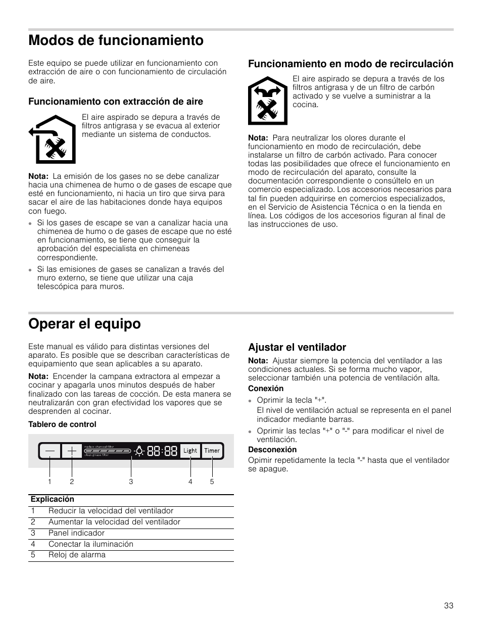 Modos de funcionamiento, Funcionamiento con extracción de aire, Nota | Funcionamiento en modo de recirculación, Operar el equipo, Tablero de control, Ajustar el ventilador, Ar el equipo | Bosch HCP30651UC User Manual | Page 33 / 40