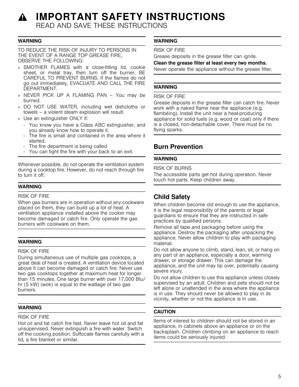 Warning, Risk of fire, Burn prevention | Risk of burns, Child safety, Caution, Burn prevention child safety, Important safety instructions, Read and save these instructions | Bosch HCP30651UC User Manual | Page 5 / 40