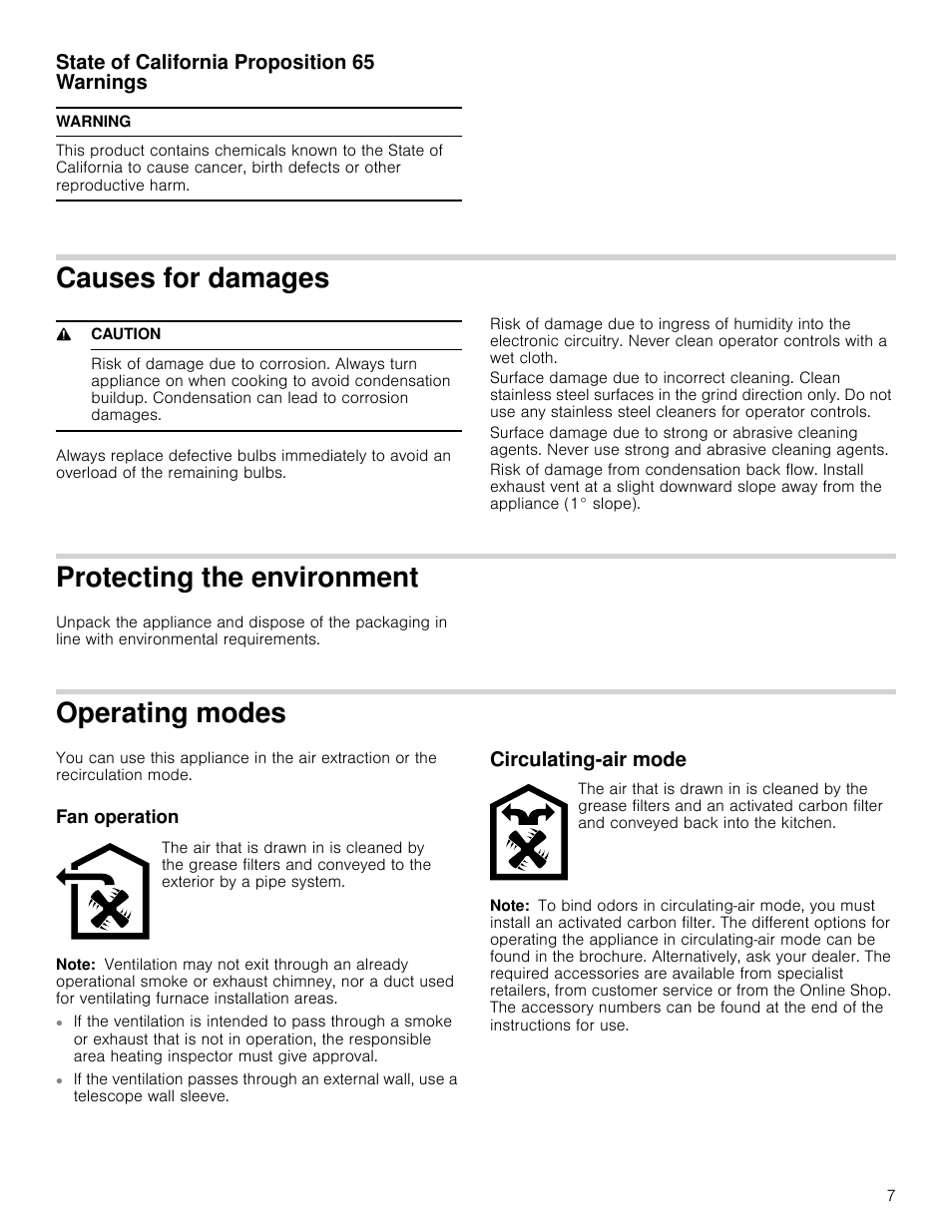 State of california proposition 65 warnings, Warning, Causes for damages | 9 caution, Protecting the environment, Operating modes, Fan operation, Note, Circulating-air mode, Vironment | Bosch HCP30651UC User Manual | Page 7 / 40