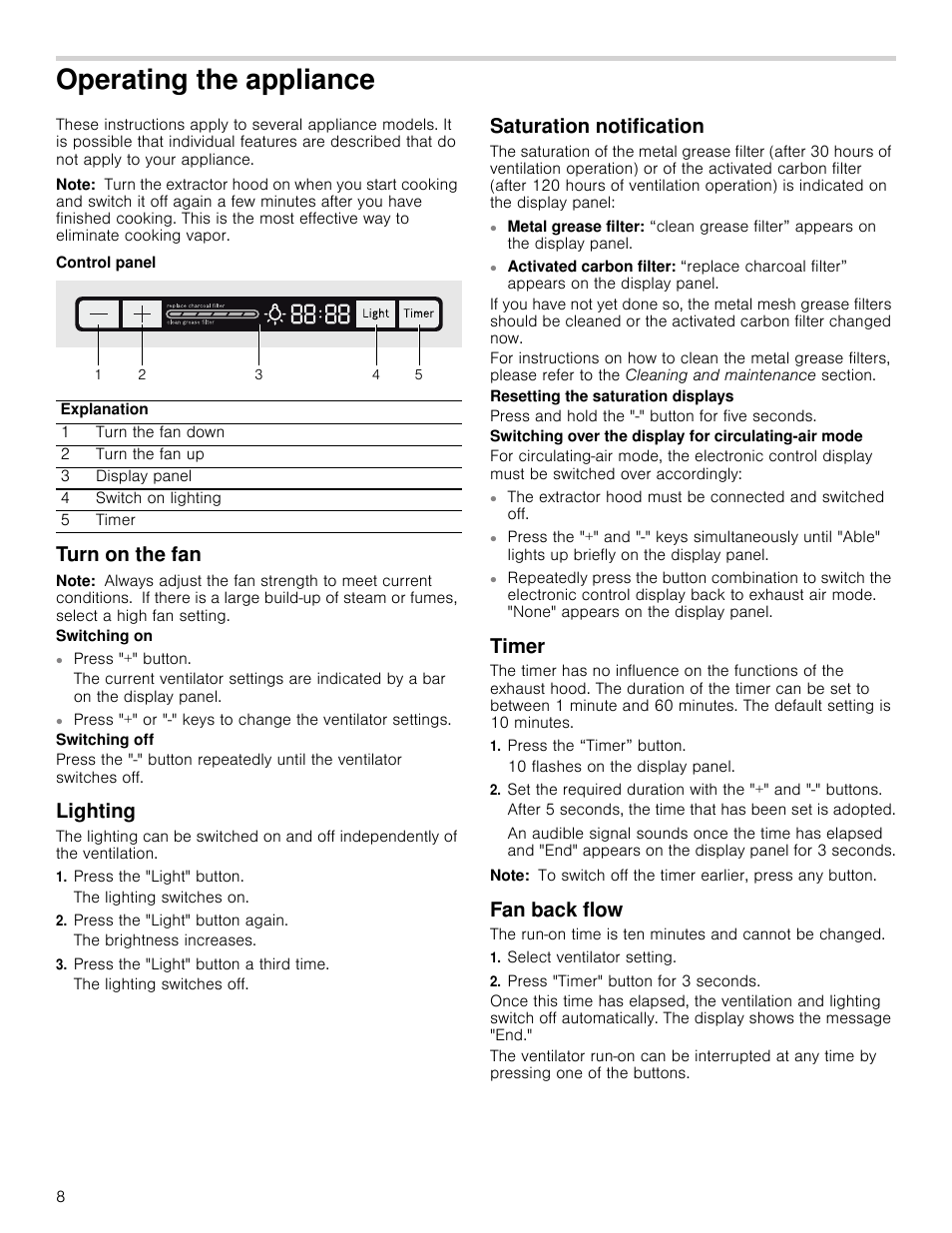 Operating the appliance, Note, Control panel | Turn on the fan, Lighting, Press the "light" button, Press the "light" button again, Press the "light" button a third time, Saturation notification, Timer | Bosch HCP30651UC User Manual | Page 8 / 40