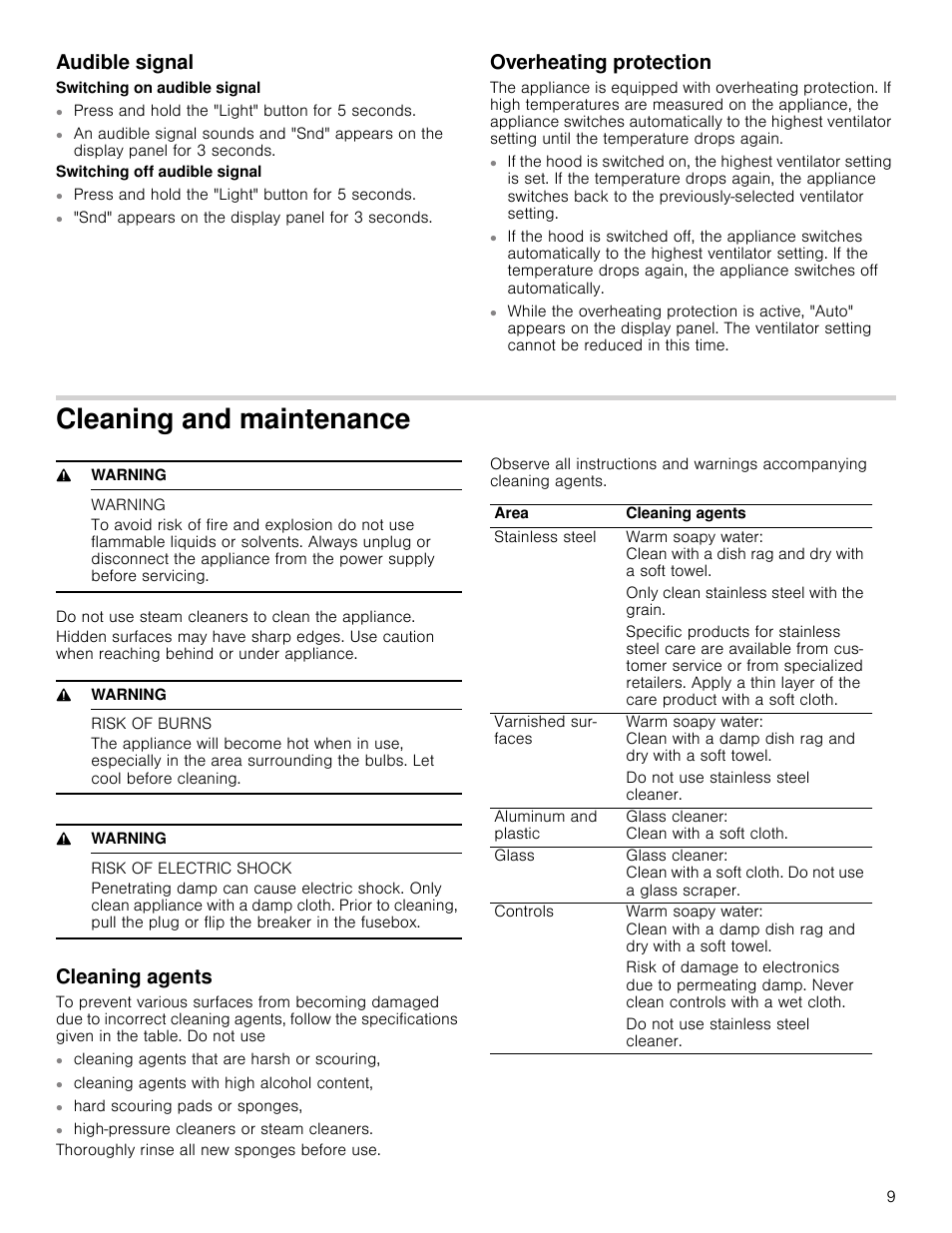 Audible signal, Overheating protection, Cleaning and maintenance | 9 warning, Warning, Risk of burns, Risk of electric shock, Cleaning agents | Bosch HCP30651UC User Manual | Page 9 / 40