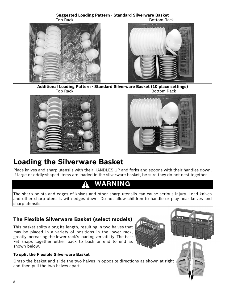 Loading the silverware basket, Warning, The flexible silverware basket (select models) | To split the flexible silverware basket | Bosch SHE3AR52UC User Manual | Page 10 / 65