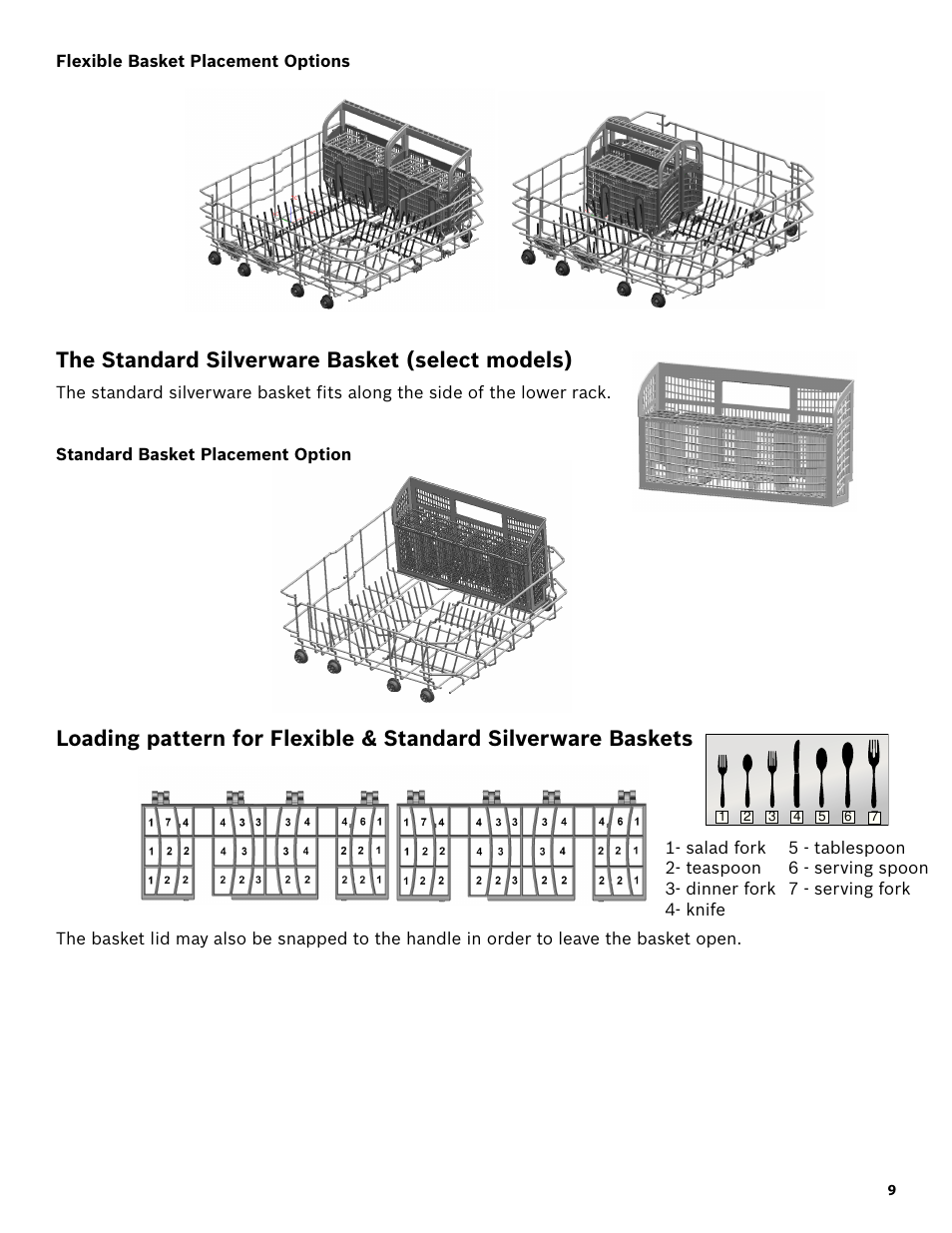 Flexible basket placement options, The standard silverware basket (select models), Standard basket placement option | Bosch SHE3AR52UC User Manual | Page 11 / 65