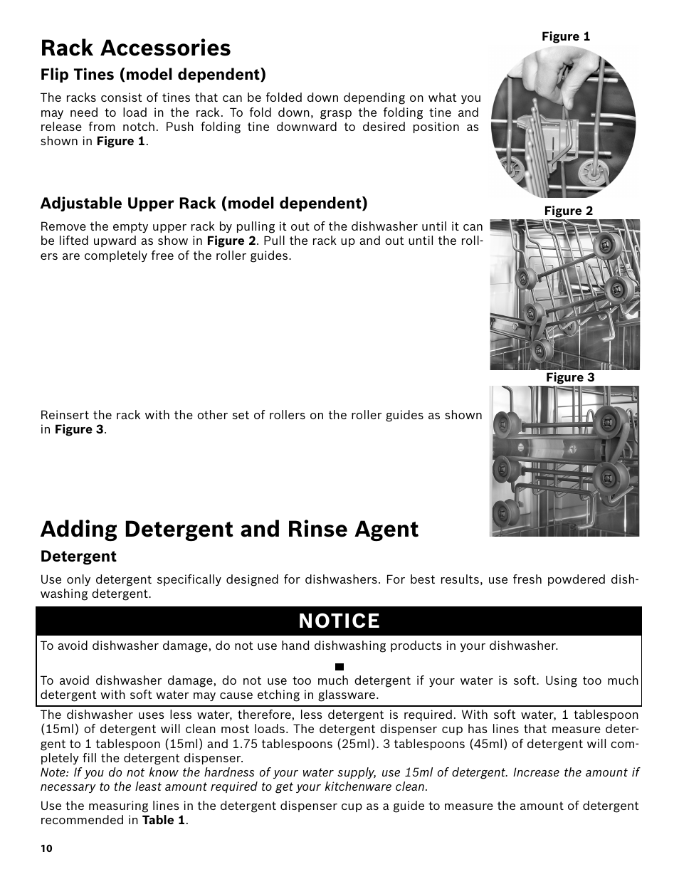 Rack accessories, Flip tines (model dependent), Adjustable upper rack (model dependent) | Adding detergent and rinse agent, Detergent, Notice | Bosch SHE3AR52UC User Manual | Page 12 / 65