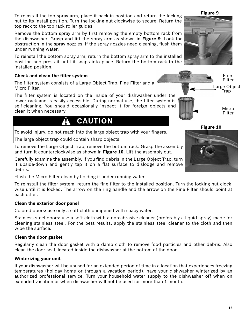 Check and clean the filter system, Caution, Clean the exterior door panel | Clean the door gasket, Winterizing your unit | Bosch SHE3AR52UC User Manual | Page 17 / 65