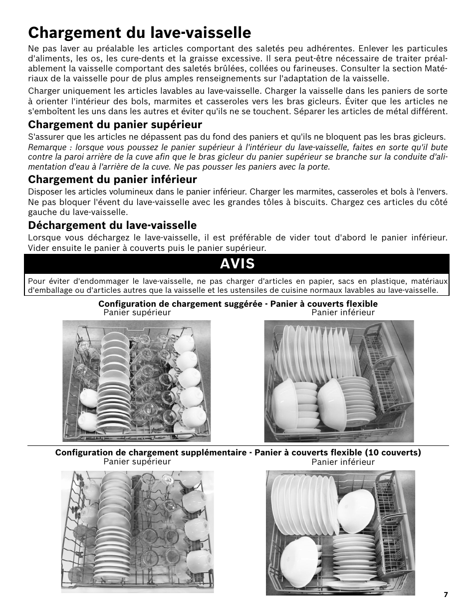 Chargement du lave-vaisselle, Chargement du panier supérieur, Chargement du panier inférieur | Déchargement du lave-vaisselle, Avis | Bosch SHE3AR52UC User Manual | Page 29 / 65