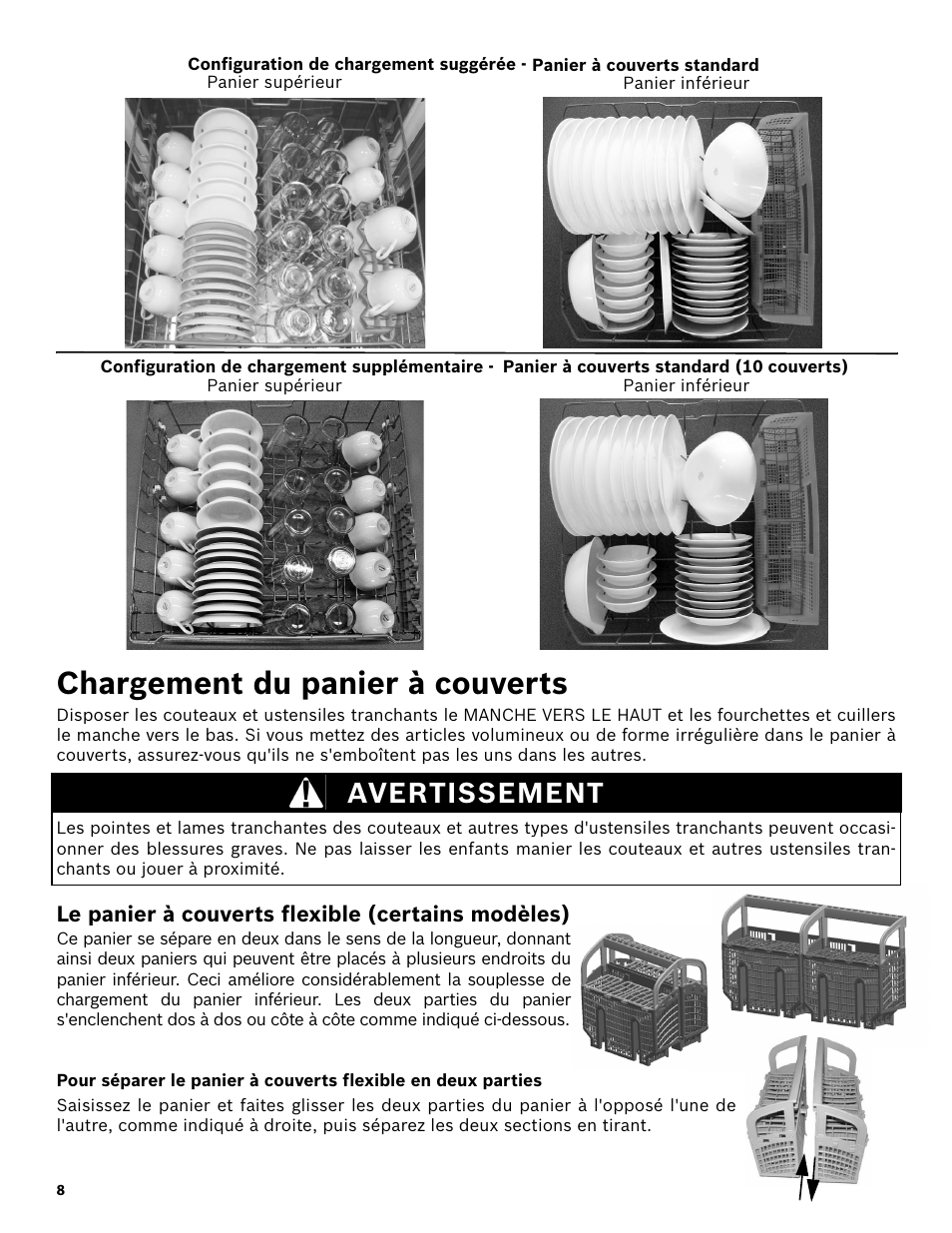 Chargement du panier à couverts, Avertissement, Le panier à couverts flexible (certains modèles) | Bosch SHE3AR52UC User Manual | Page 30 / 65