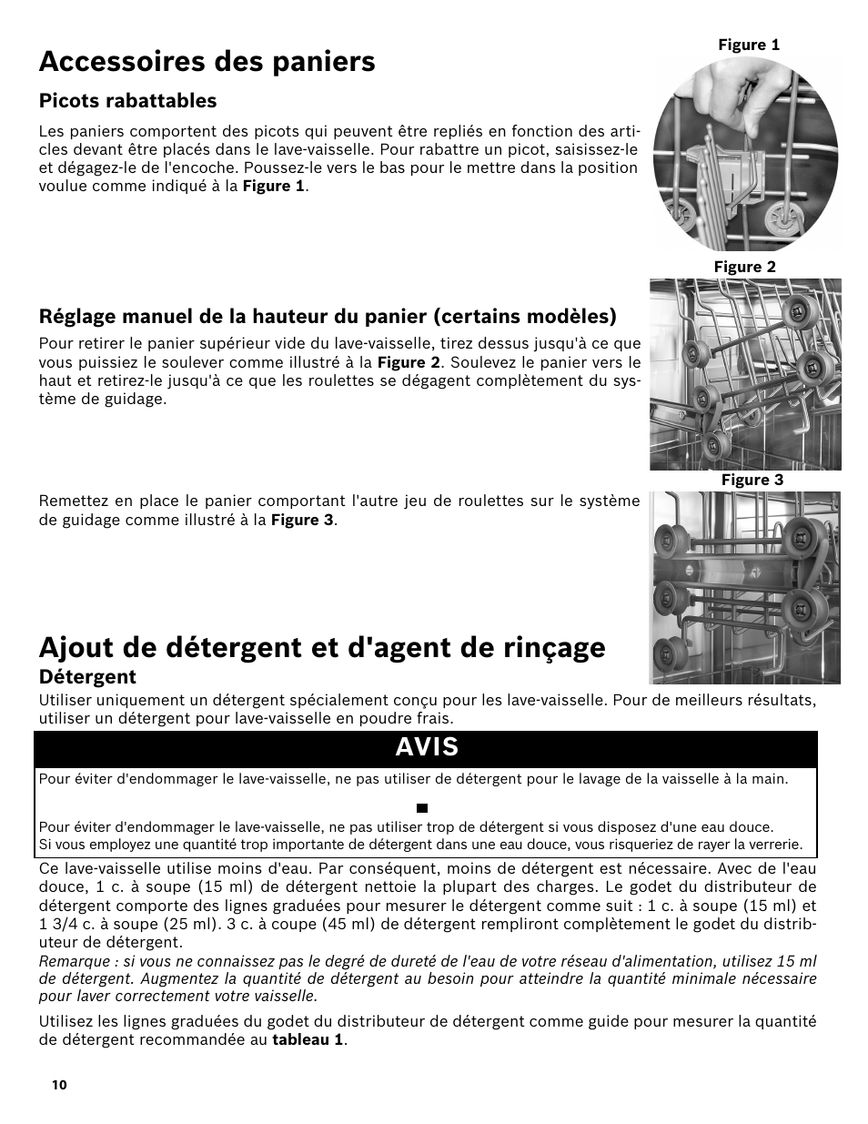 Accessoires des paniers, Picots rabattables, Ajout de détergent et d'agent de rinçage | Détergent, Avis | Bosch SHE3AR52UC User Manual | Page 32 / 65