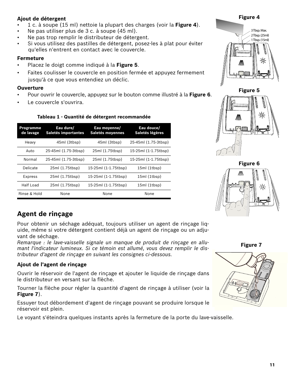 Ajout de détergent, Fermeture, Ouverture | Tableau 1 - quantité de détergent recommandée, Agent de rinçage, Ajout de l'agent de rinçage | Bosch SHE3AR52UC User Manual | Page 33 / 65