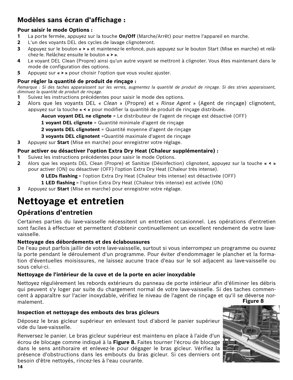 Modèles sans écran d'affichage, Pour saisir le mode options, Pour régler la quantité de produit de rinçage | Nettoyage et entretien, Opérations d'entretien, Nettoyage des débordements et des éclaboussures | Bosch SHE3AR52UC User Manual | Page 36 / 65