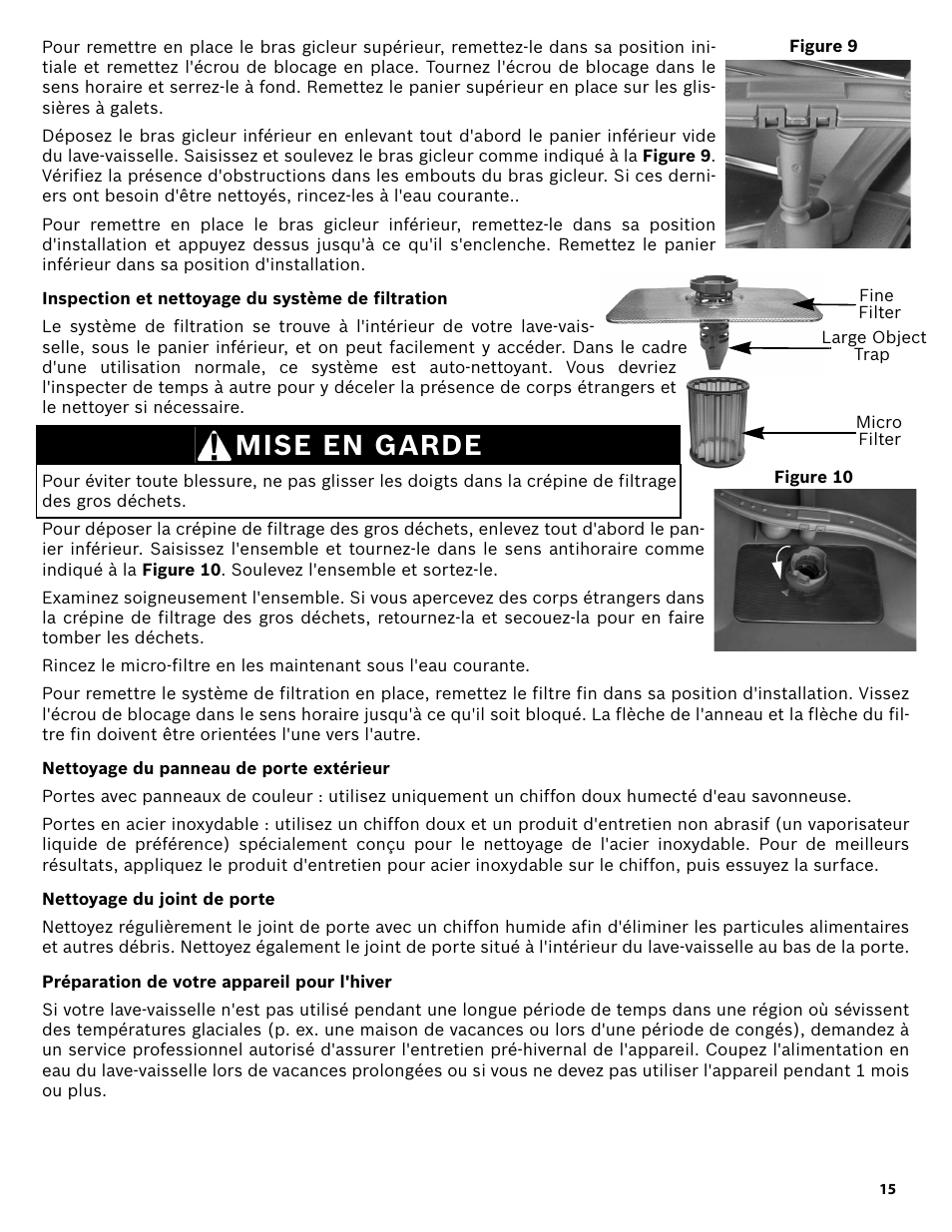 Inspection et nettoyage du système de filtration, Mise en garde, Nettoyage du panneau de porte extérieur | Nettoyage du joint de porte, Préparation de votre appareil pour l'hiver | Bosch SHE3AR52UC User Manual | Page 37 / 65