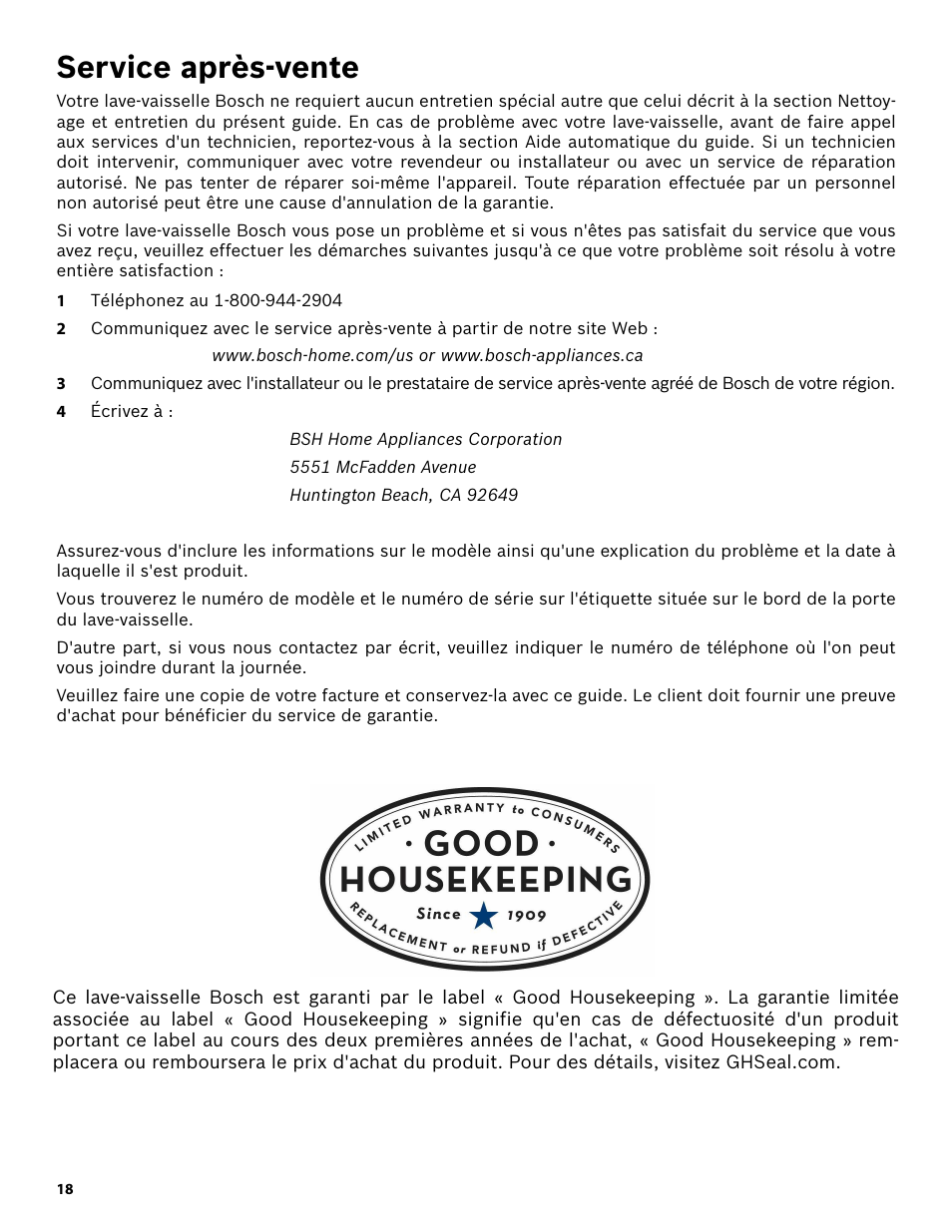 Service après-vente, 1 téléphonez au 1-800-944-2904, 4 écrivez à | Bosch SHE3AR52UC User Manual | Page 40 / 65