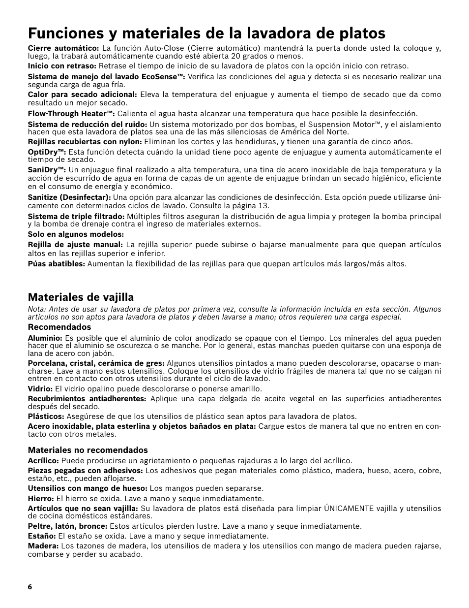 Funciones y materiales de la lavadora de platos, Solo en algunos modelos, Materiales de vajilla | Recomendados, Materiales no recomendados | Bosch SHE3AR52UC User Manual | Page 48 / 65