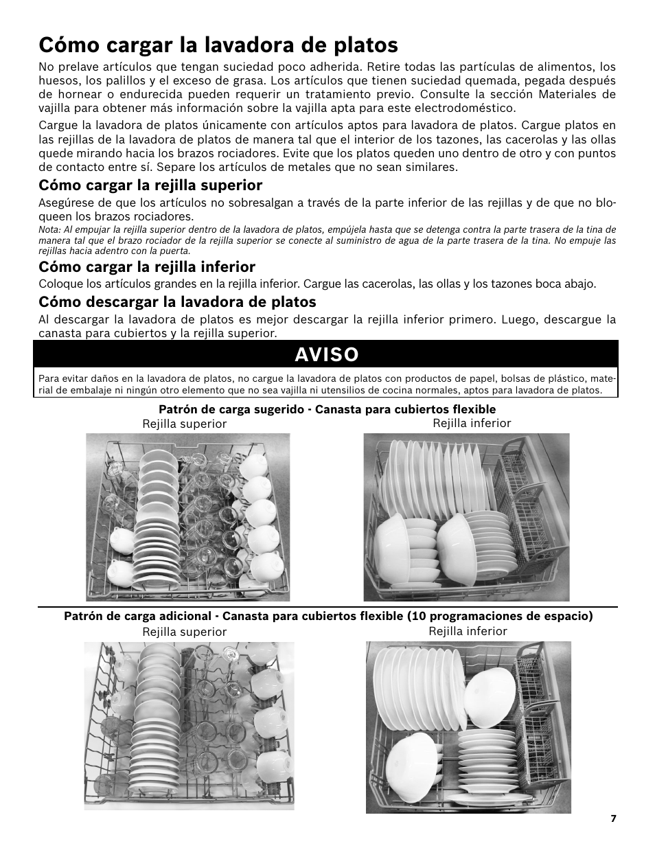 Cómo cargar la lavadora de platos, Cómo cargar la rejilla superior, Cómo cargar la rejilla inferior | Cómo descargar la lavadora de platos, Aviso | Bosch SHE3AR52UC User Manual | Page 49 / 65