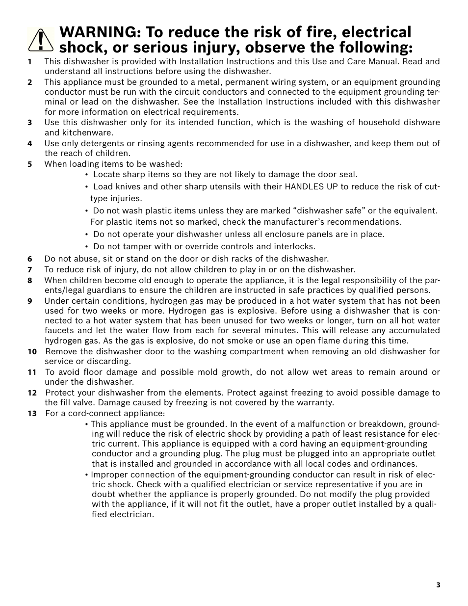 5 when loading items to be washed, 13 for a cord-connect appliance | Bosch SHE3AR52UC User Manual | Page 5 / 65