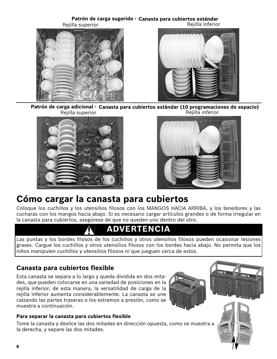 Cómo cargar la canasta para cubiertos, Advertencia, Canasta para cubiertos flexible | Para separar la canasta para cubiertos flexible | Bosch SHE3AR52UC User Manual | Page 50 / 65