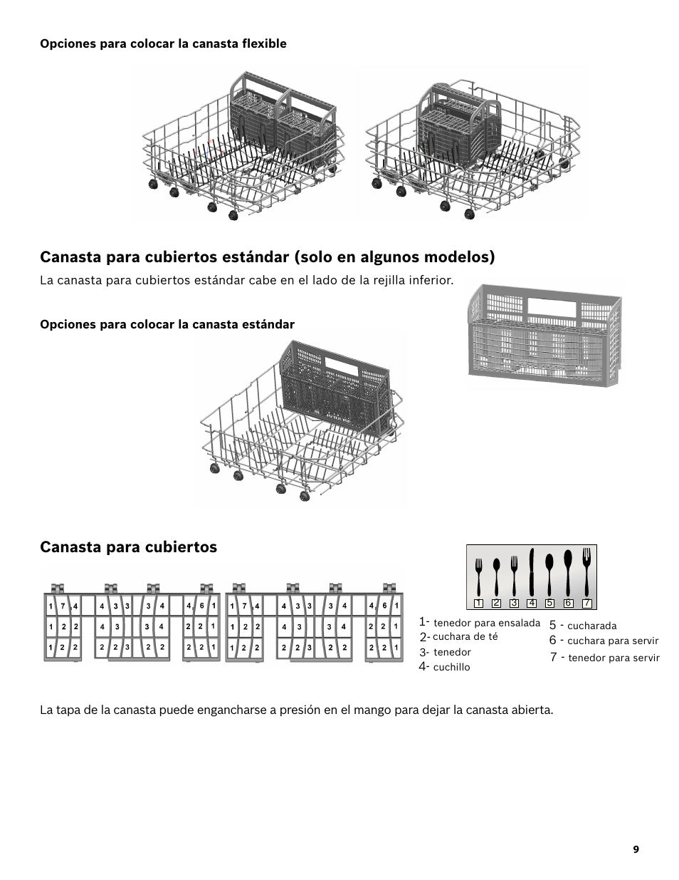 Opciones para colocar la canasta flexible, Opciones para colocar la canasta estándar, Canasta para cubiertos | Bosch SHE3AR52UC User Manual | Page 51 / 65