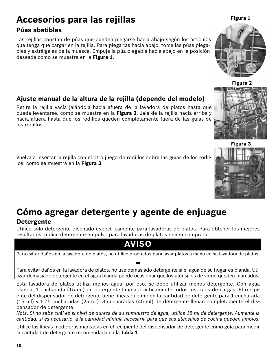 Accesorios para las rejillas, Púas abatibles, Cómo agregar detergente y agente de enjuague | Detergente, Aviso | Bosch SHE3AR52UC User Manual | Page 52 / 65