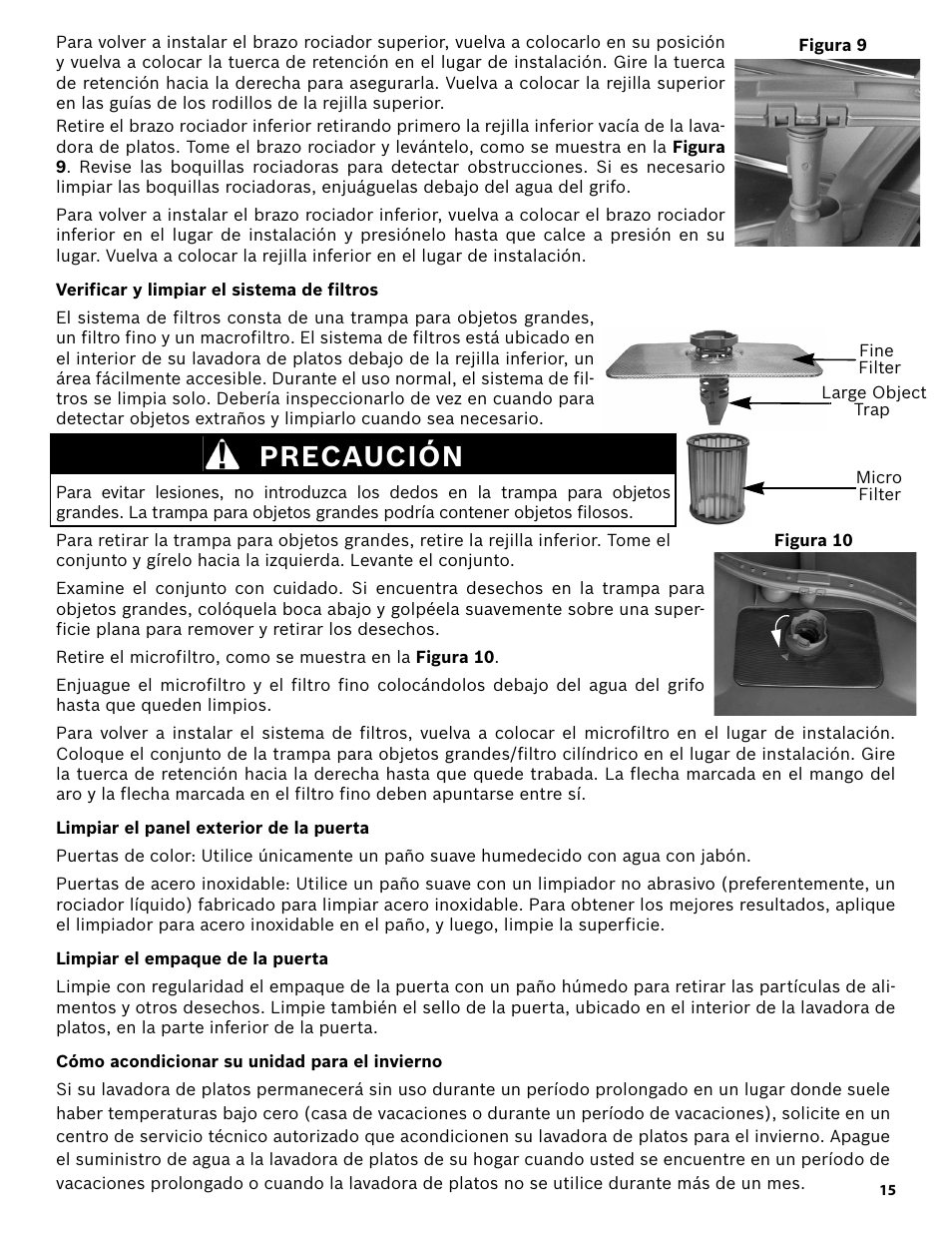 Verificar y limpiar el sistema de filtros, Precaución, Limpiar el panel exterior de la puerta | Limpiar el empaque de la puerta, Cómo acondicionar su unidad para el invierno | Bosch SHE3AR52UC User Manual | Page 57 / 65