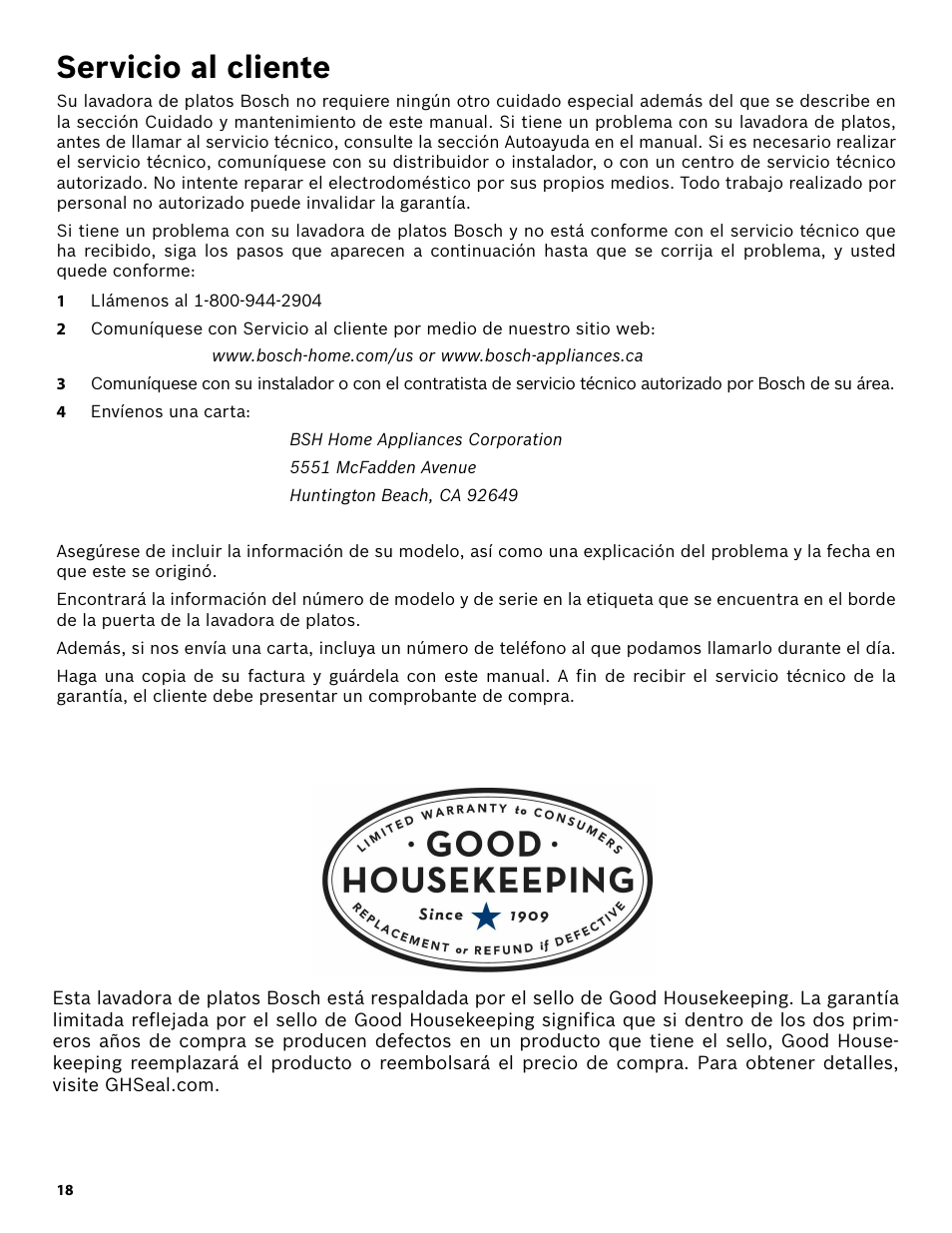 Servicio al cliente, 1 llámenos al 1-800-944-2904, 4 envíenos una carta | Bosch SHE3AR52UC User Manual | Page 60 / 65