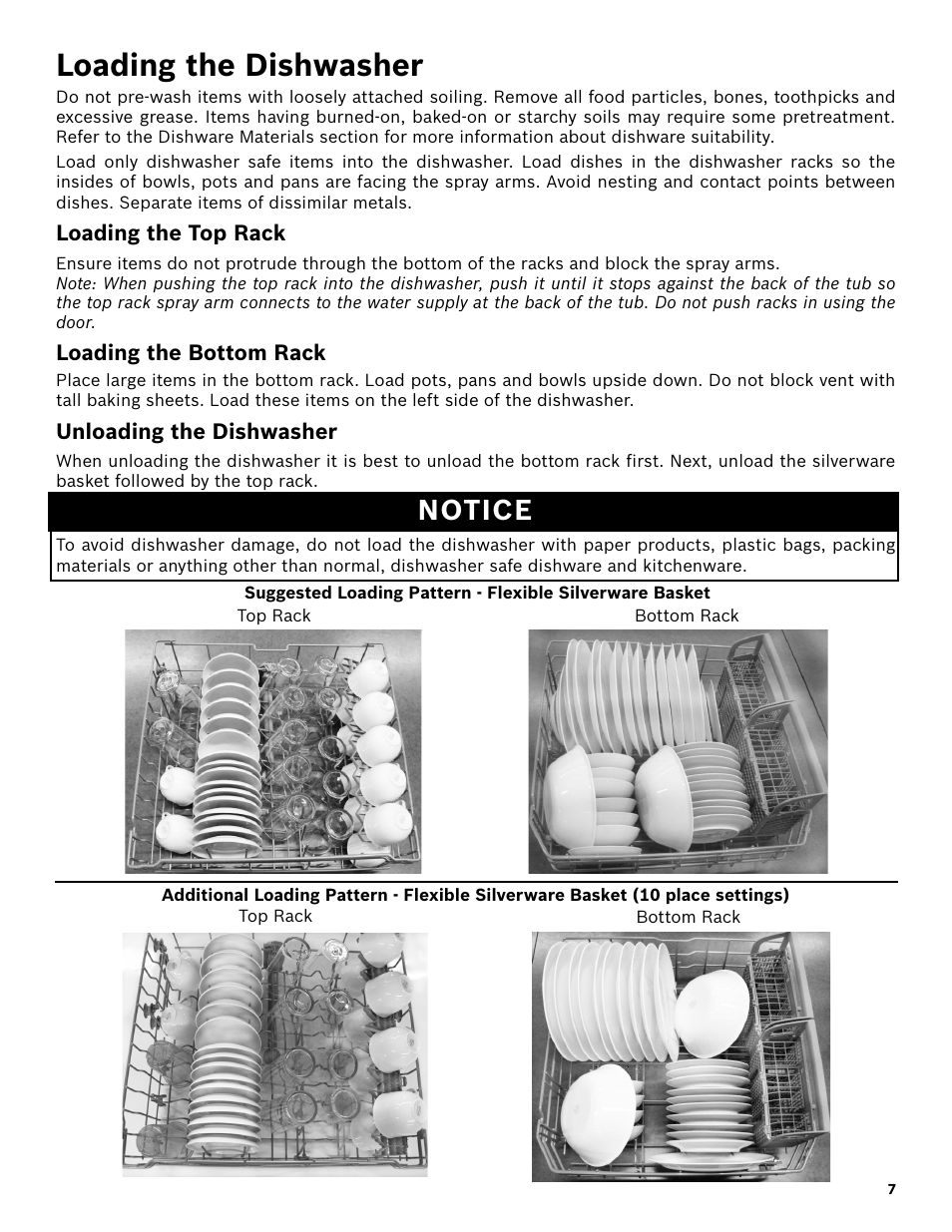 Loading the dishwasher, Loading the top rack, Loading the bottom rack | Unloading the dishwasher, Notice | Bosch SHE3AR52UC User Manual | Page 9 / 65