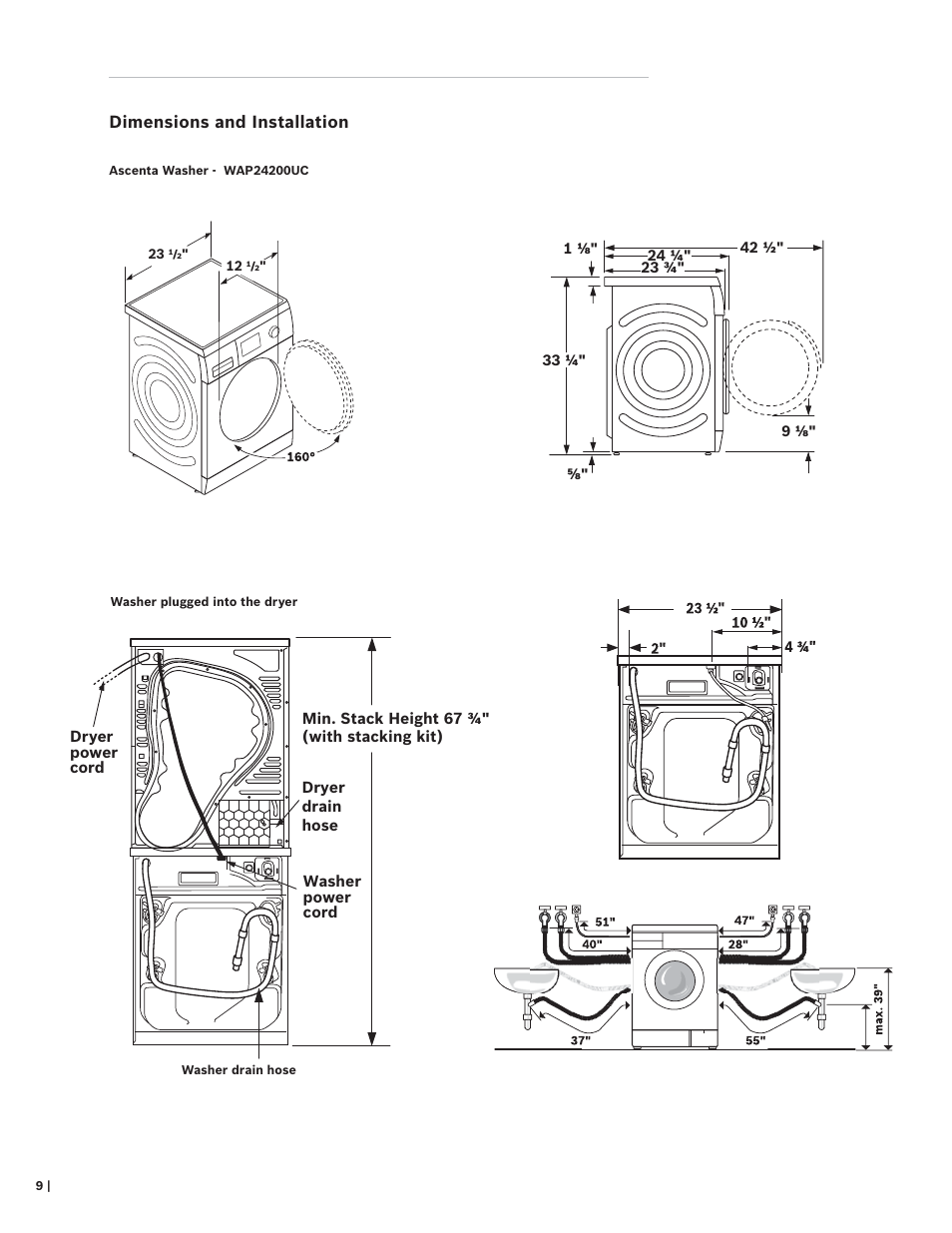 Dimensions and installation | Bosch WAP24201UC User Manual | Page 10 / 16