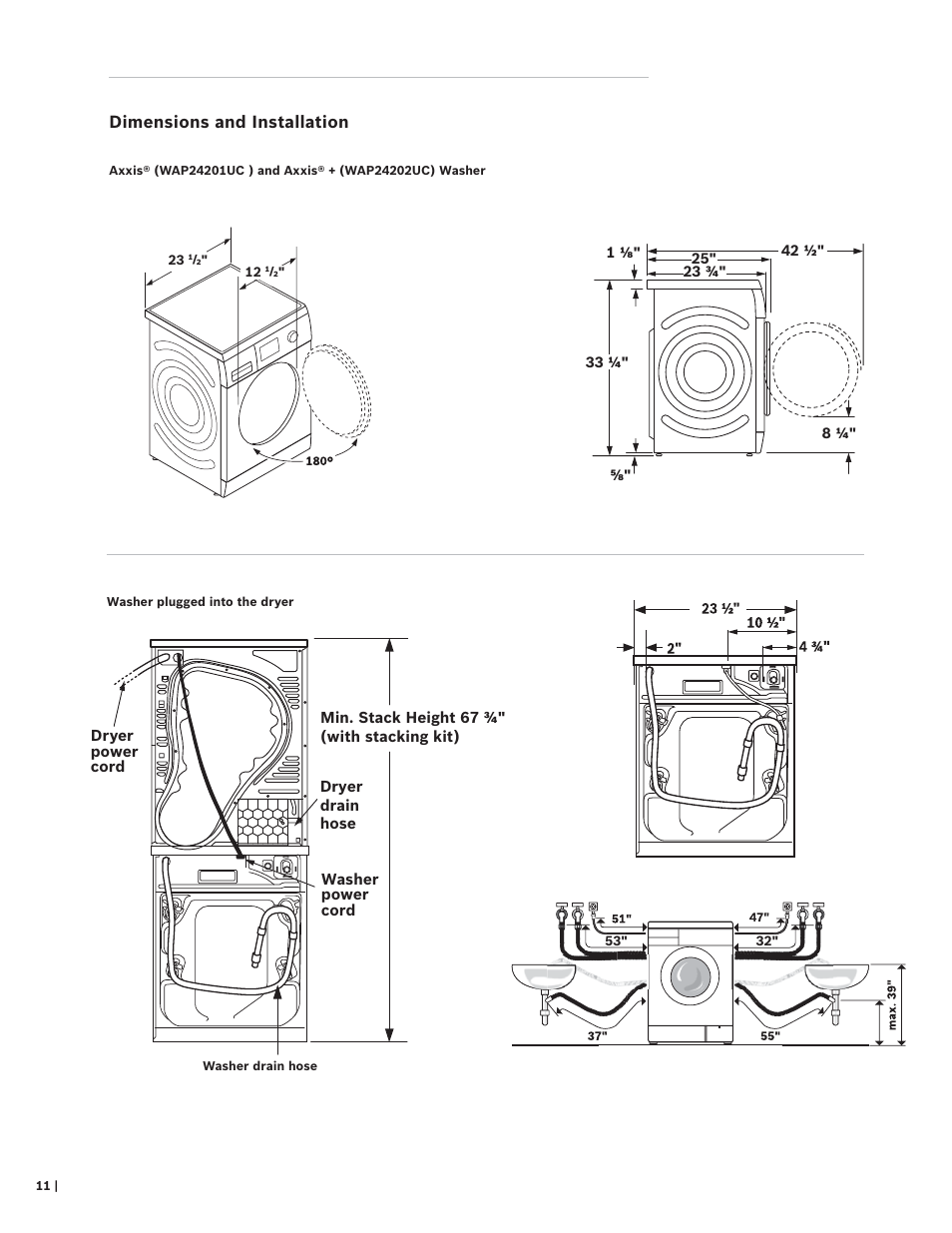 Dimensions and installation | Bosch WAP24201UC User Manual | Page 12 / 16