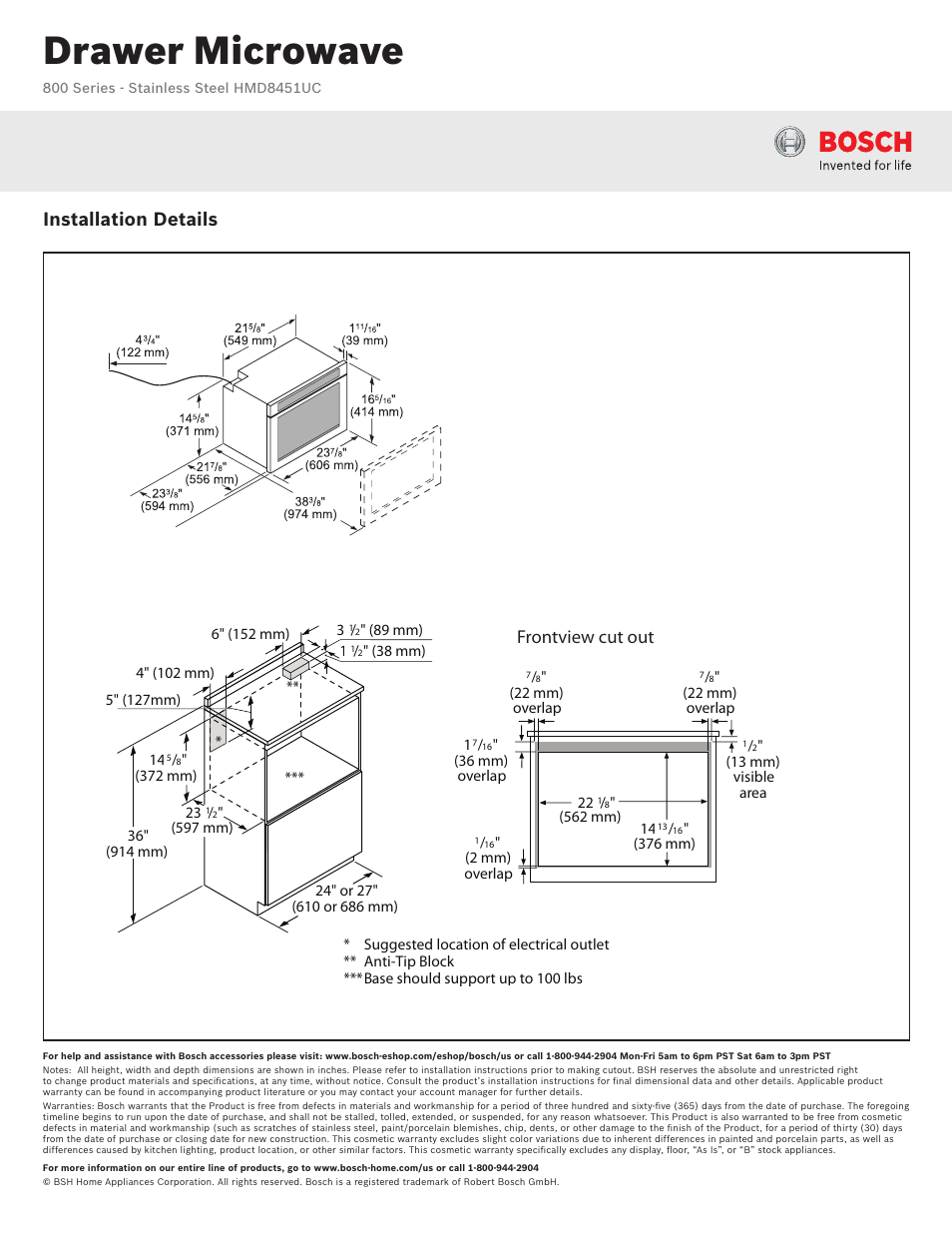 Drawer microwave, Installation details, Frontview cut out | Bosch HMD8451UC User Manual | Page 2 / 3