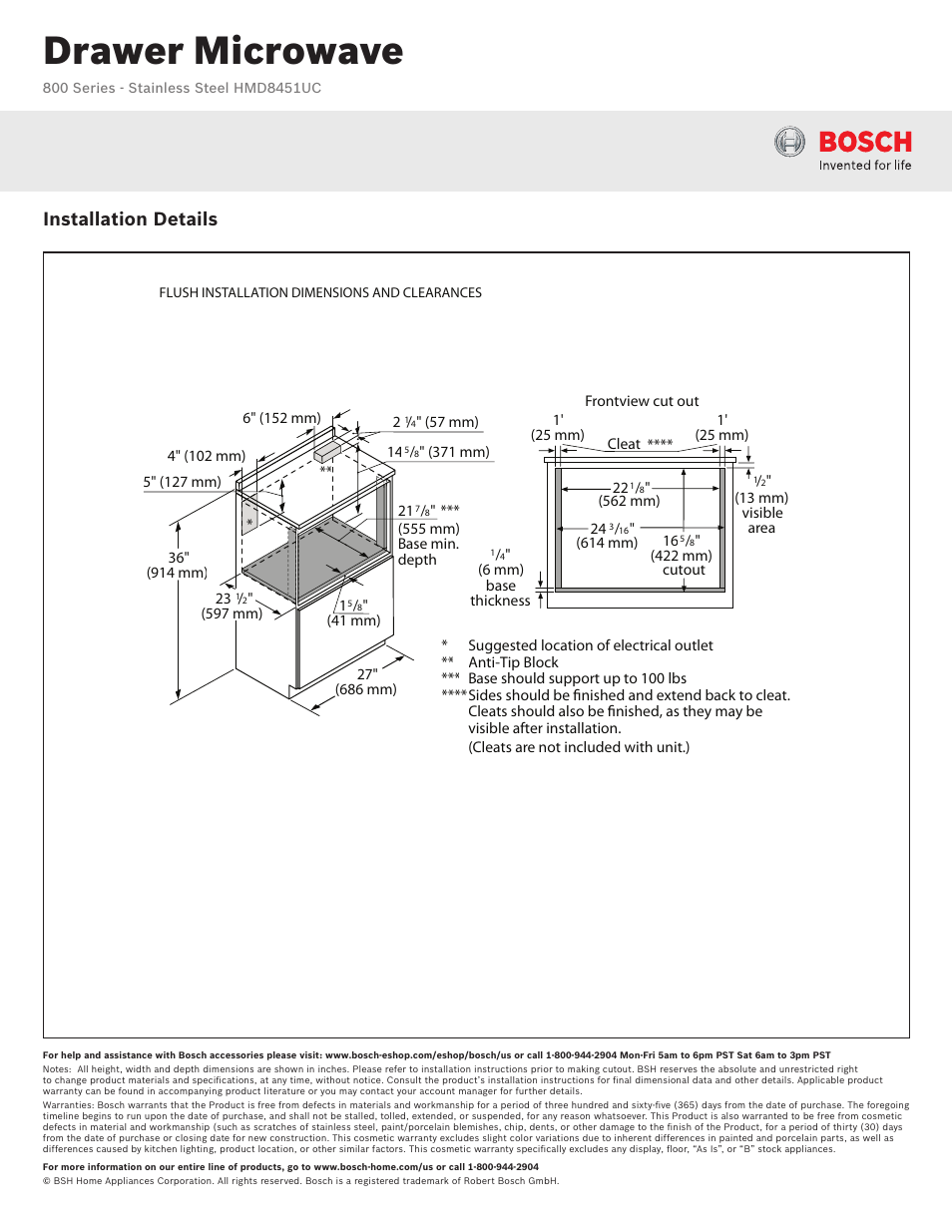 Drawer microwave, Installation details | Bosch HMD8451UC User Manual | Page 3 / 3