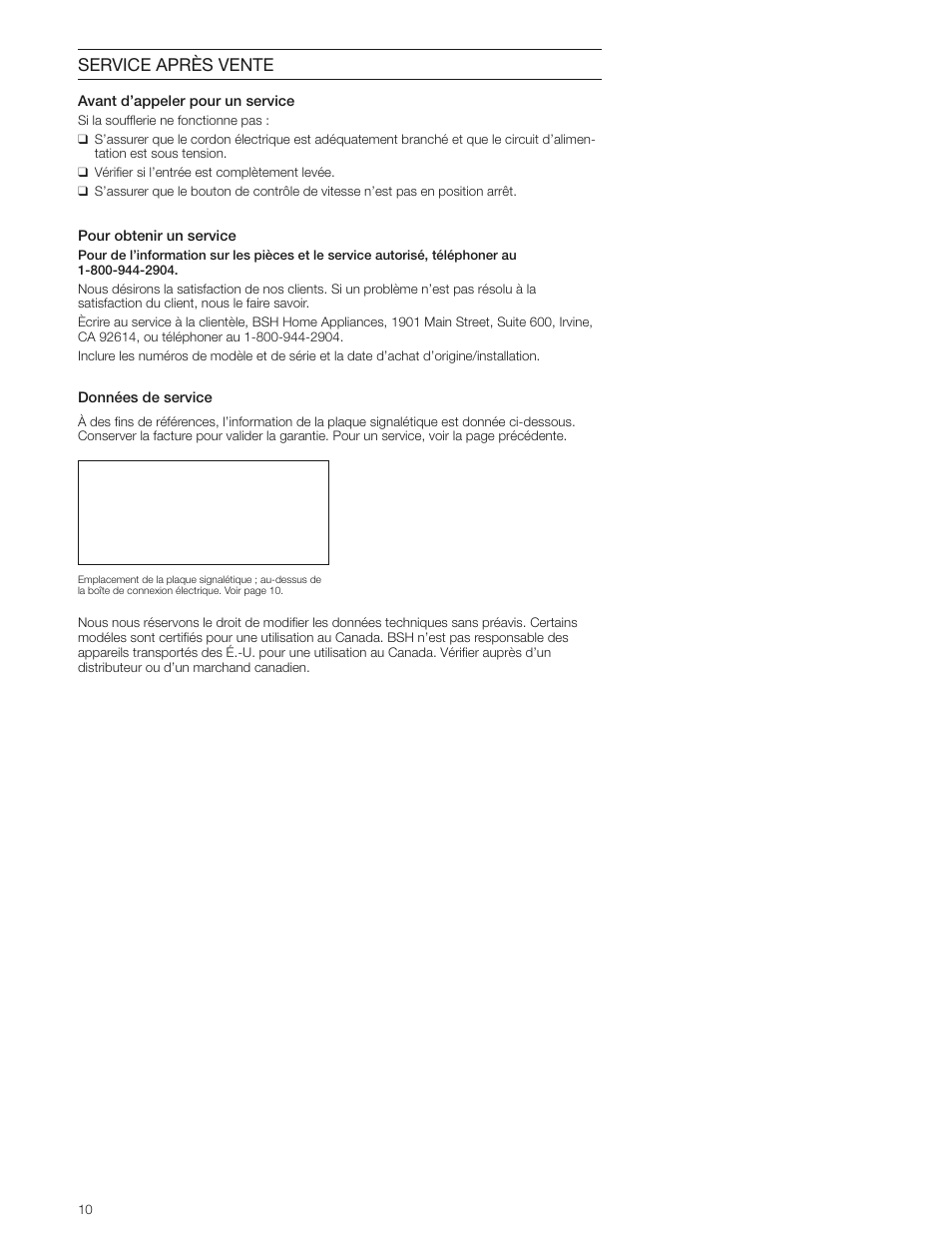 Service après vente | Bosch DHD3014UC User Manual | Page 10 / 16