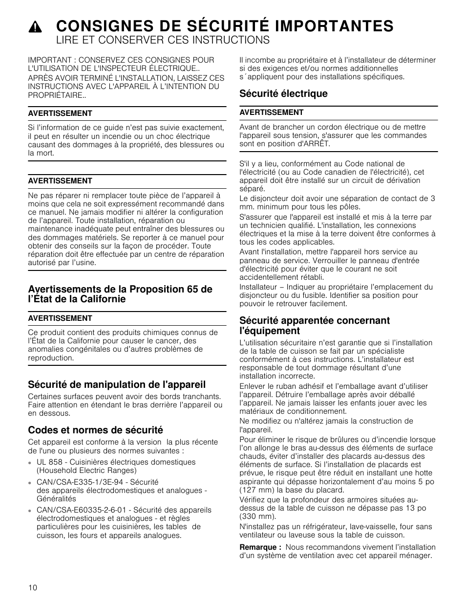 Consignes de sécurité importantes, Lire et conserver ces instructions, Avertissement | Sécurité de manipulation de l'appareil, Codes et normes de sécurité, Sécurité électrique, Sécurité apparentée concernant l'équipement, Remarque | Bosch NETP666SUC User Manual | Page 10 / 24