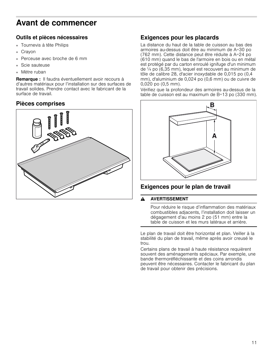 Avant de commencer, Outils et pièces nécessaires, Remarque | Pièces comprises, Exigences pour les placards, Exigences pour le plan de travail, 9 avertissement, Pièces comprises exigences pour les placards | Bosch NETP666SUC User Manual | Page 11 / 24