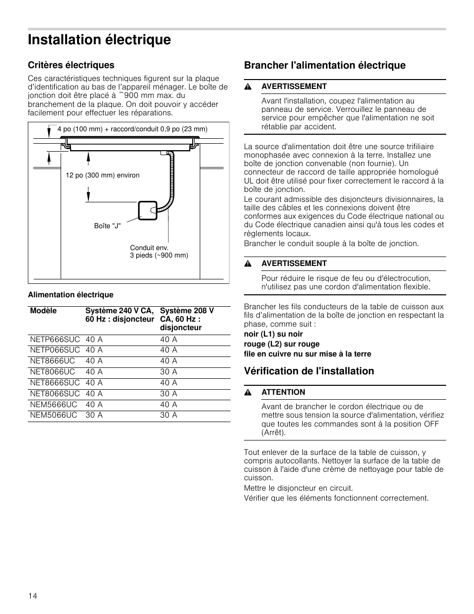 Installation électrique, Critères électriques, Alimentation électrique | Brancher l'alimentation électrique, 9 avertissement, Brancher le conduit souple à la boîte de jonction, Noir (l1) su noir, Rouge (l2) sur rouge, File en cuivre nu sur mise à la terre, Vérification de l'installation | Bosch NETP666SUC User Manual | Page 14 / 24