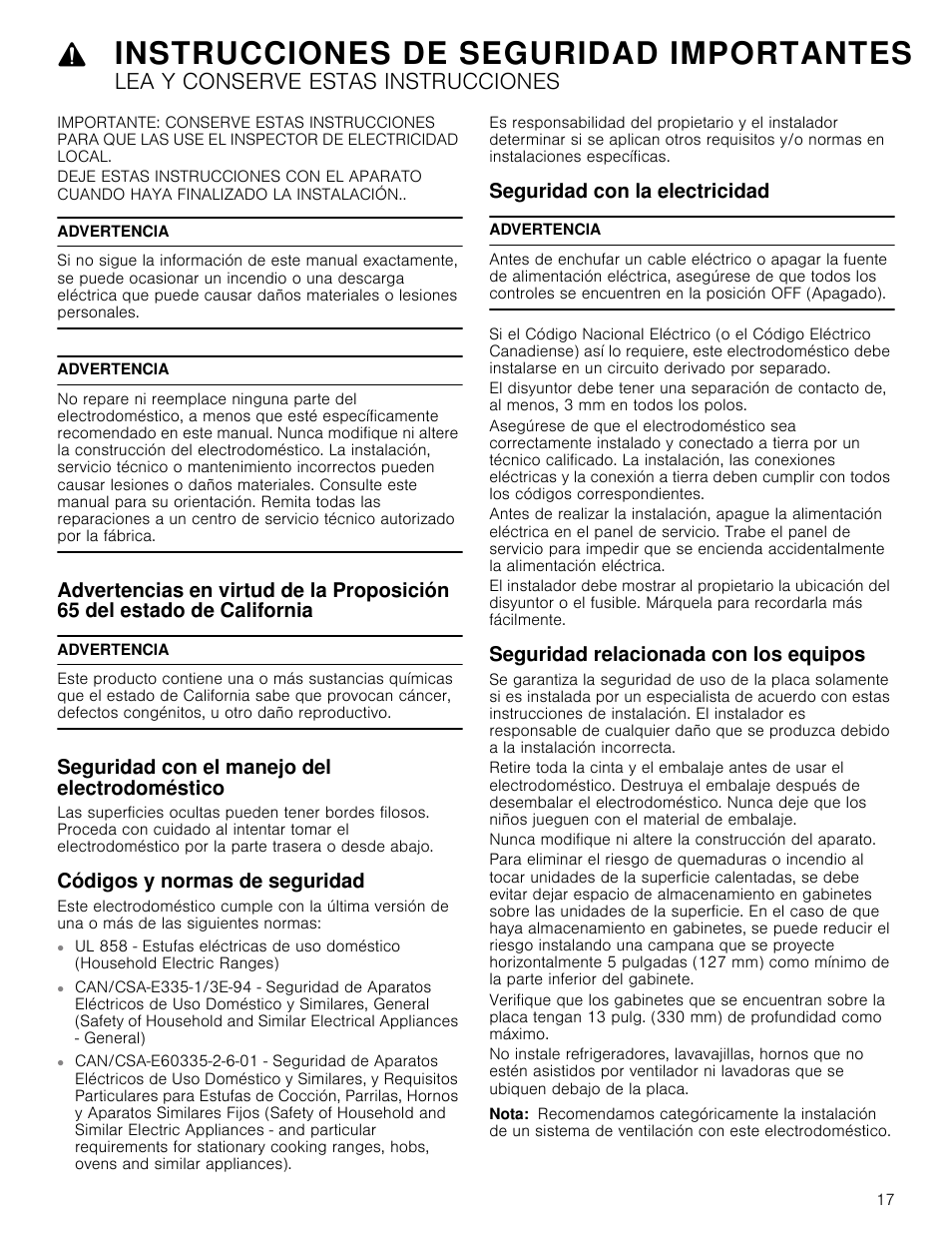 Instrucciones de seguridad importantes, Lea y conserve estas instrucciones, Advertencia | Seguridad con el manejo del electrodoméstico, Códigos y normas de seguridad, Seguridad con la electricidad, Seguridad relacionada con los equipos, Nota | Bosch NETP666SUC User Manual | Page 17 / 24