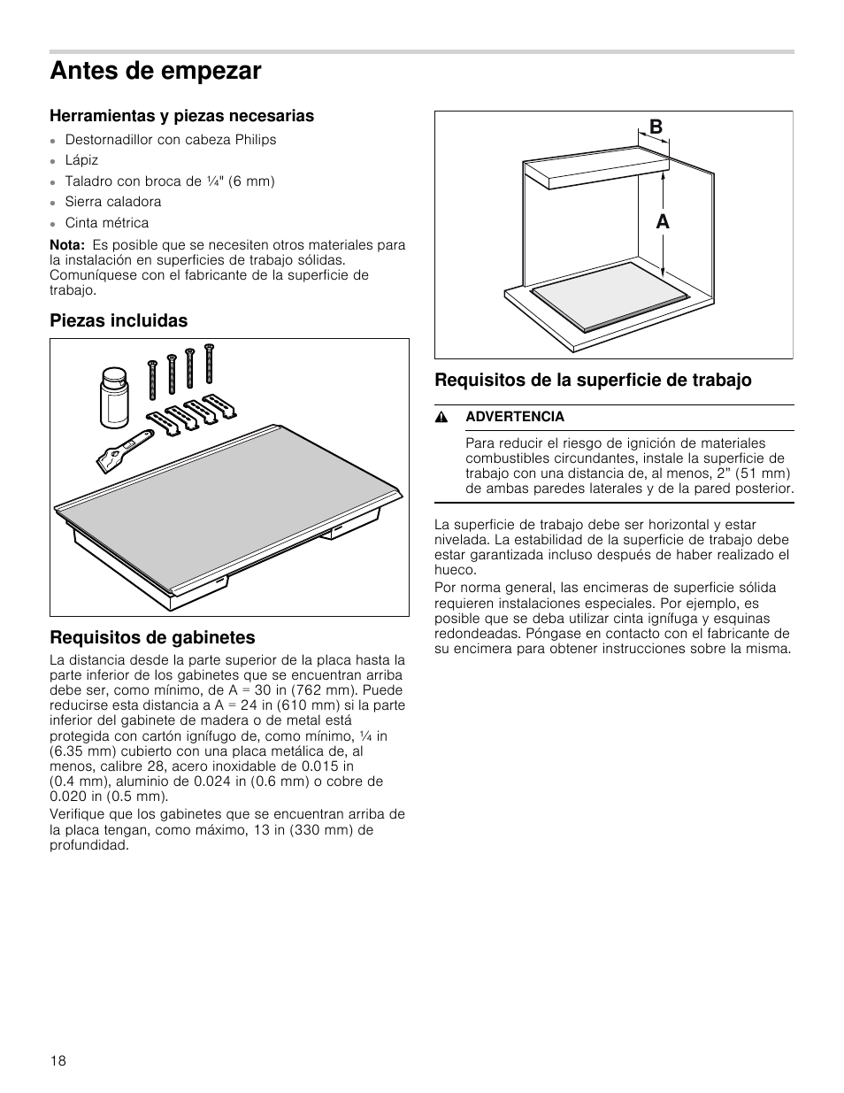 Antes de empezar, Herramientas y piezas necesarias, Nota | Piezas incluidas, Requisitos de gabinetes, Requisitos de la superficie de trabajo, 9 advertencia, Piezas incluidas requisitos de gabinetes | Bosch NETP666SUC User Manual | Page 18 / 24