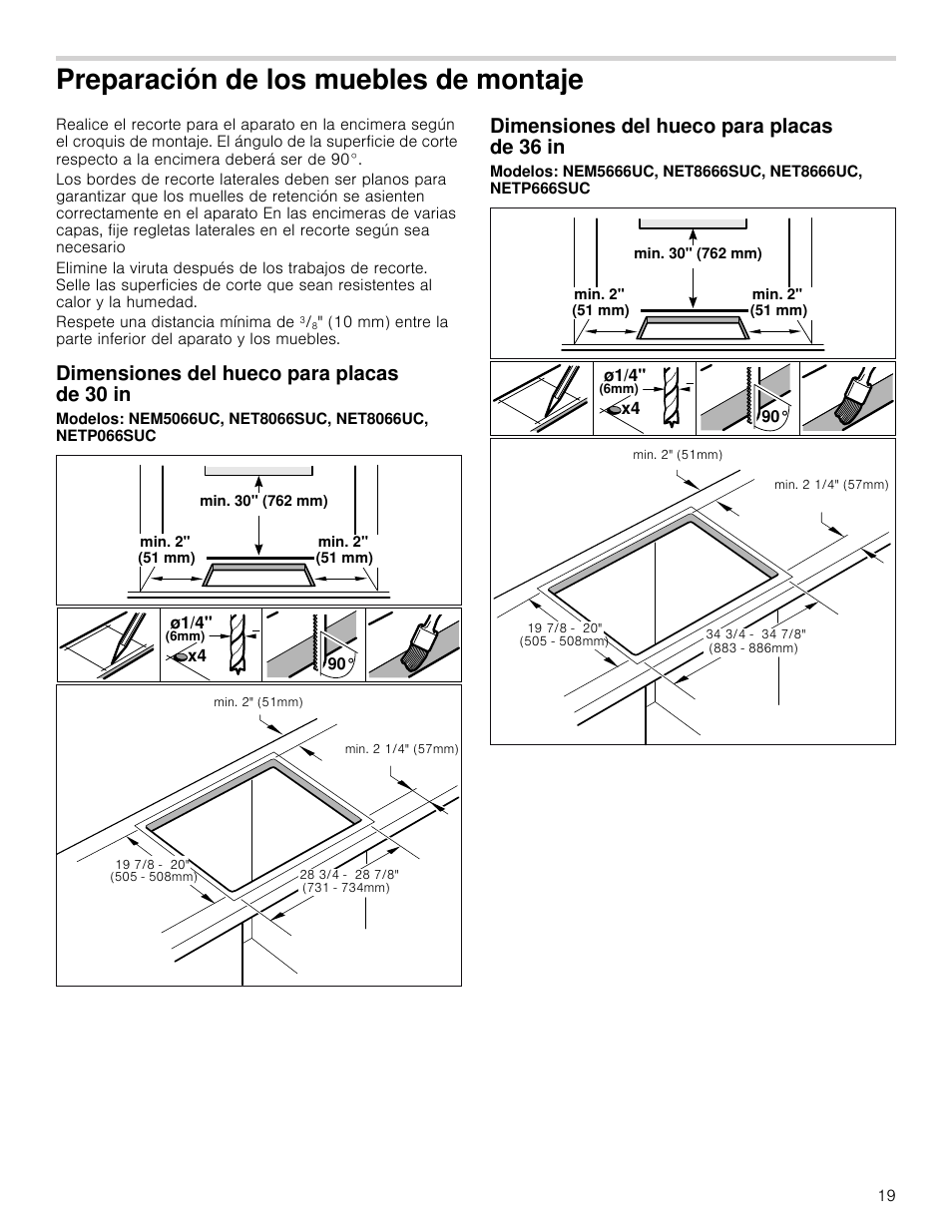 Preparación de los muebles de montaje, Dimensiones del hueco para placas de 30 in, Dimensiones del hueco para placas de 36 in | Bosch NETP666SUC User Manual | Page 19 / 24