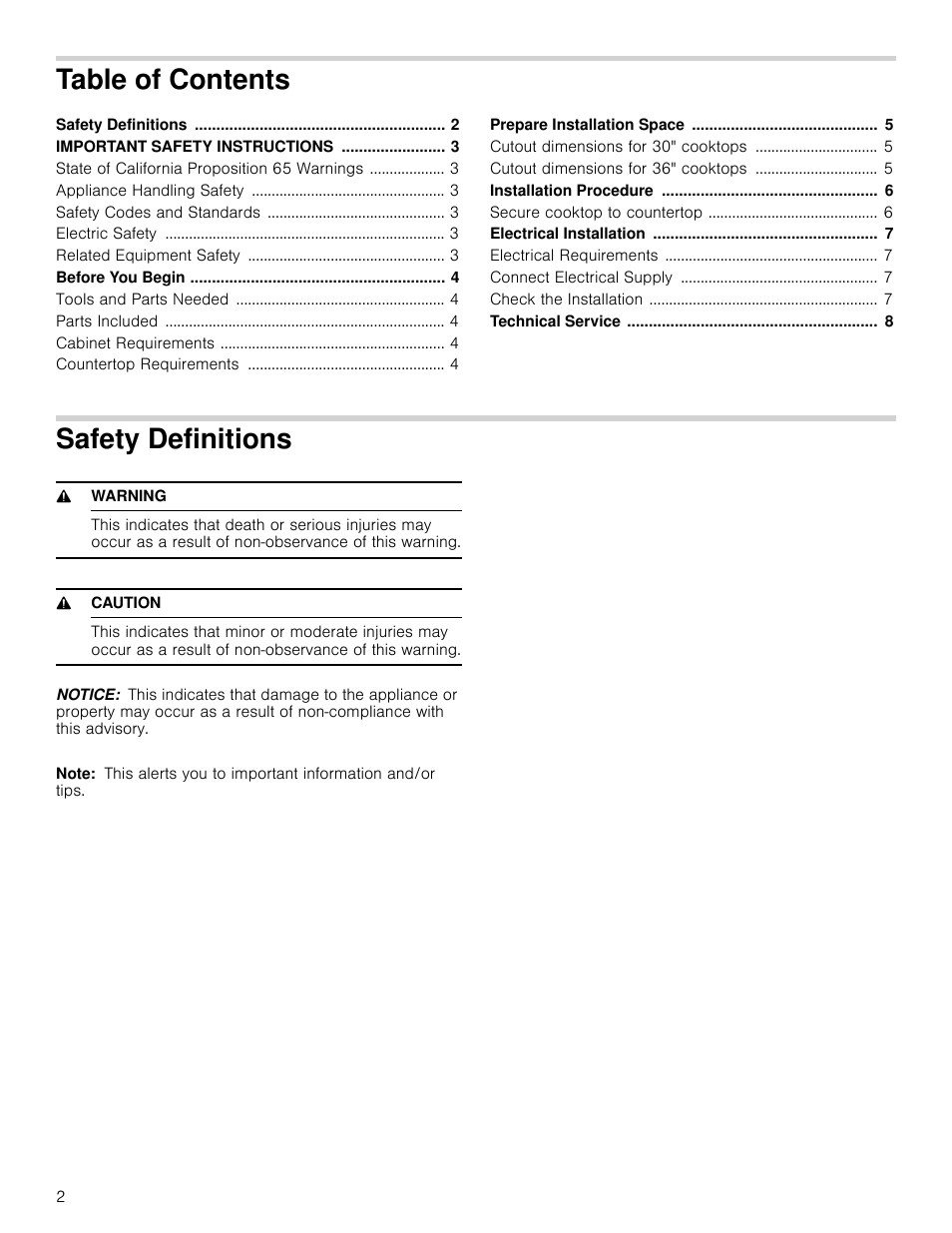 Table of contentsinstallation instructions, State of california proposition 65 warnings 3, Appliance handling safety 3 | Safety codes and standards 3, Electric safety 3, Related equipment safety 3, Tools and parts needed 4, Parts included 4, Cabinet requirements 4, Countertop requirements 4 | Bosch NETP666SUC User Manual | Page 2 / 24