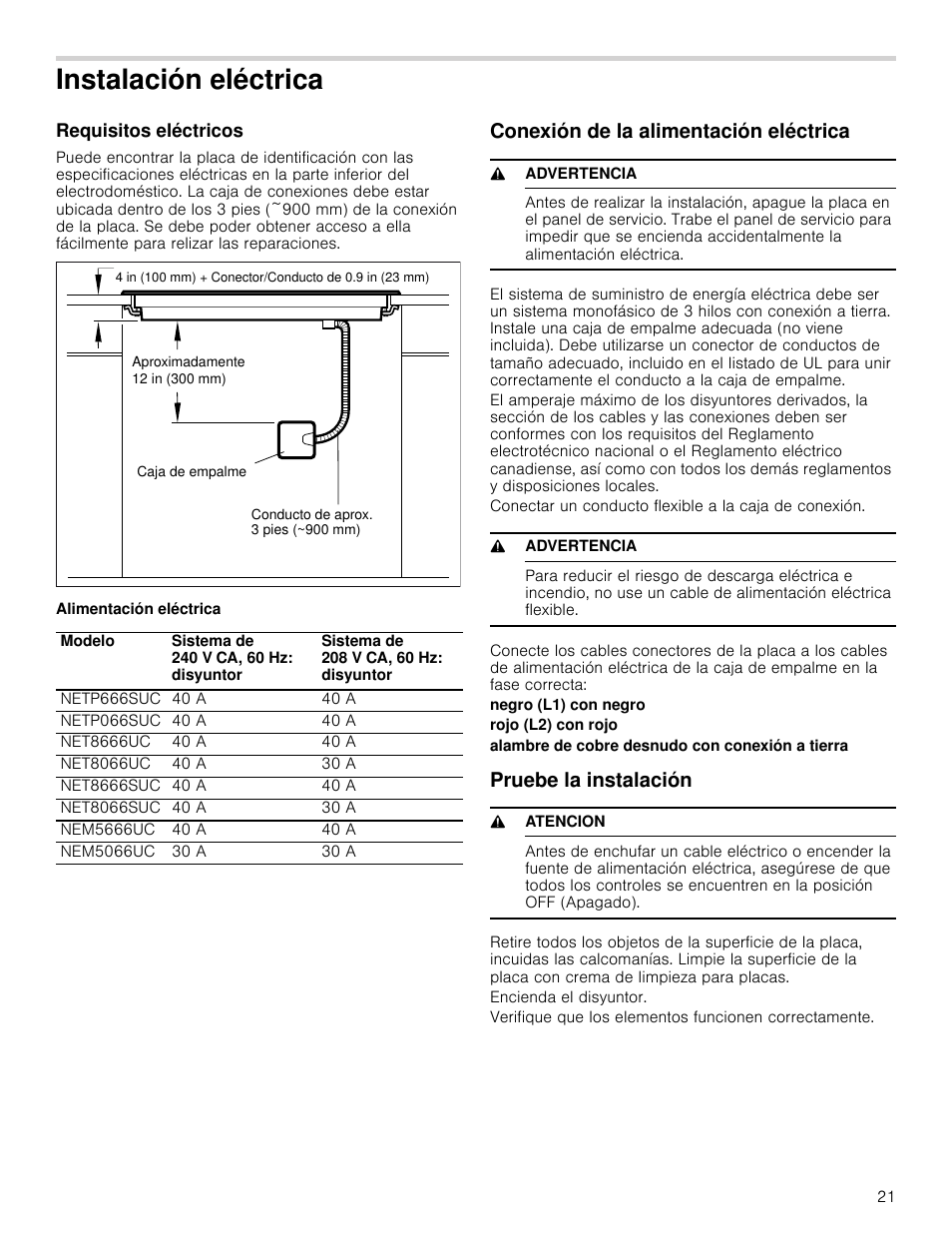 Instalación eléctrica, Requisitos eléctricos, Alimentación eléctrica | Conexión de la alimentación eléctrica, 9 advertencia, Negro (l1) con negro, Rojo (l2) con rojo, Alambre de cobre desnudo con conexión a tierra, Pruebe la instalación, 9 atencion | Bosch NETP666SUC User Manual | Page 21 / 24
