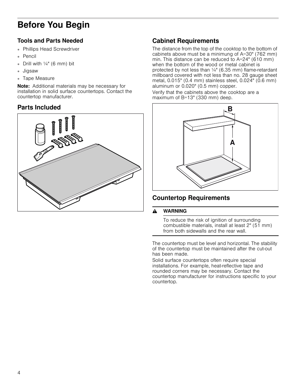 Before you begin, Tools and parts needed, Note | Parts included, Cabinet requirements, Countertop requirements, 9 warning, Parts included cabinet requirements | Bosch NETP666SUC User Manual | Page 4 / 24